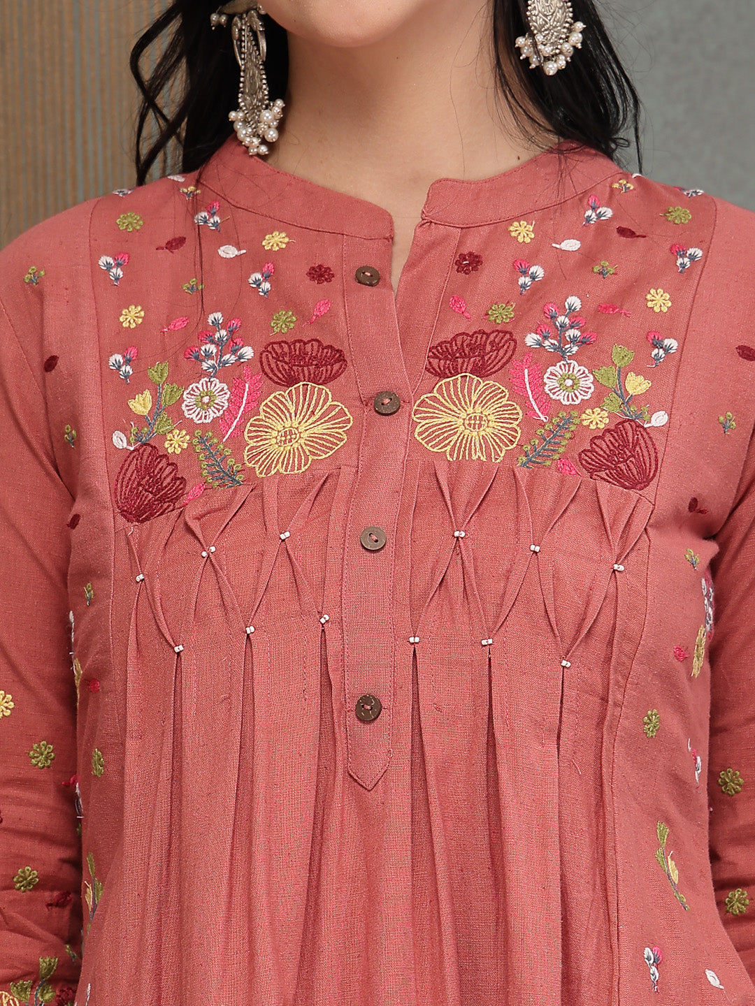 Women's Blush Solid & Embroidered Cotton A-Line Kurta Pant Set