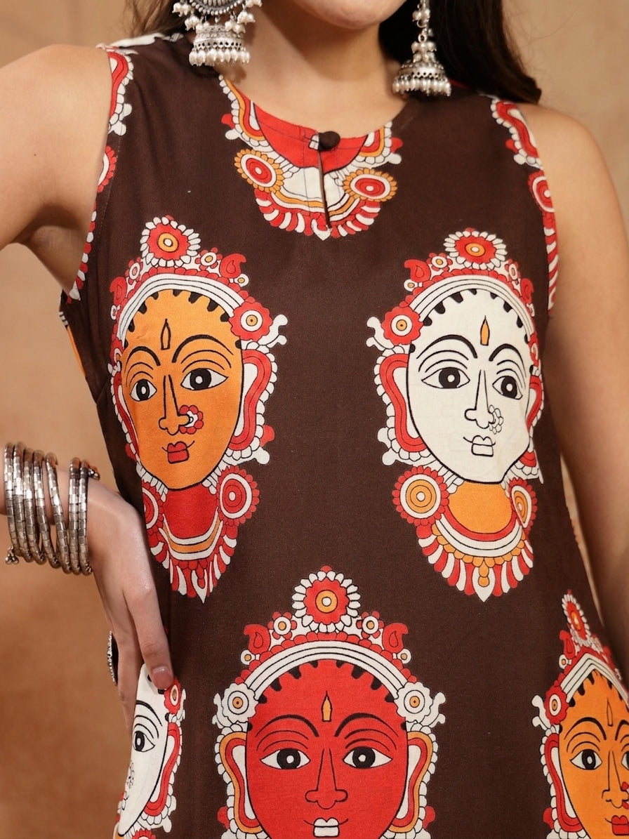 Women's Brown Kalamkari Face Printed Rayon A-Line Kurta Palazzo Set