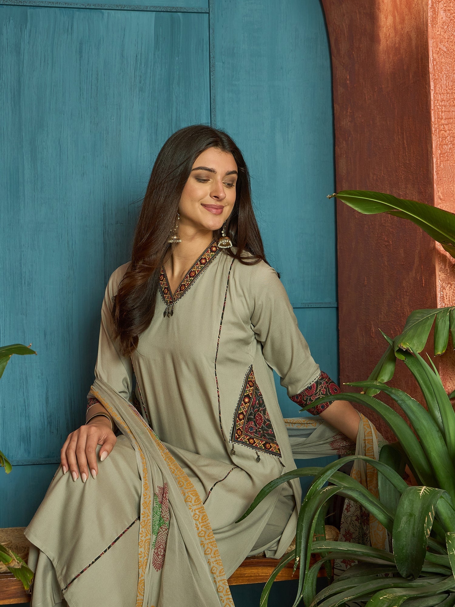 Women's Beige Solid Rayon Straight Kurta Palazzo Dupatta Set