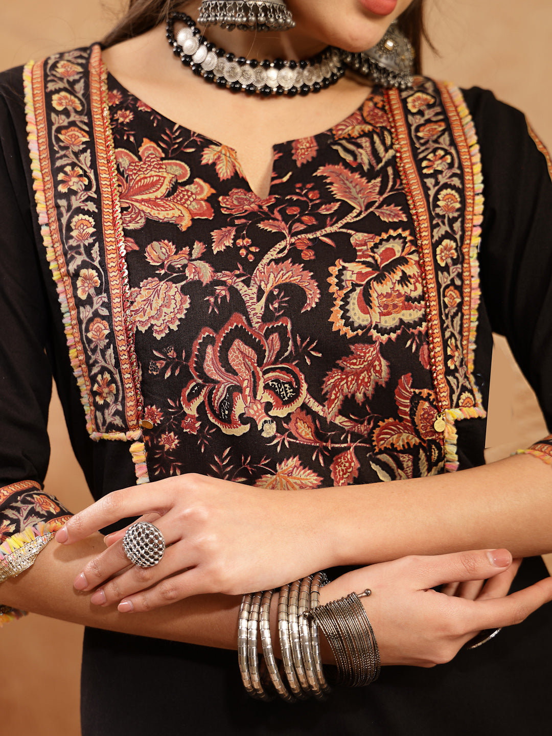 Women's Black Solid Cotton Straight Kurta Pant Dupatta Set