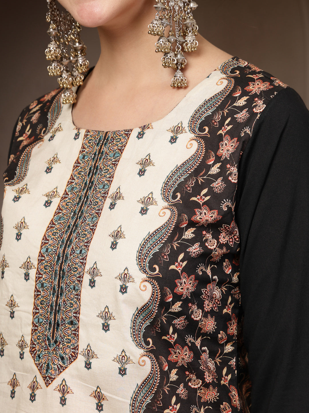 Women's Black Ethnic Printed Cotton Straight Kurta Pant Dupatta Set
