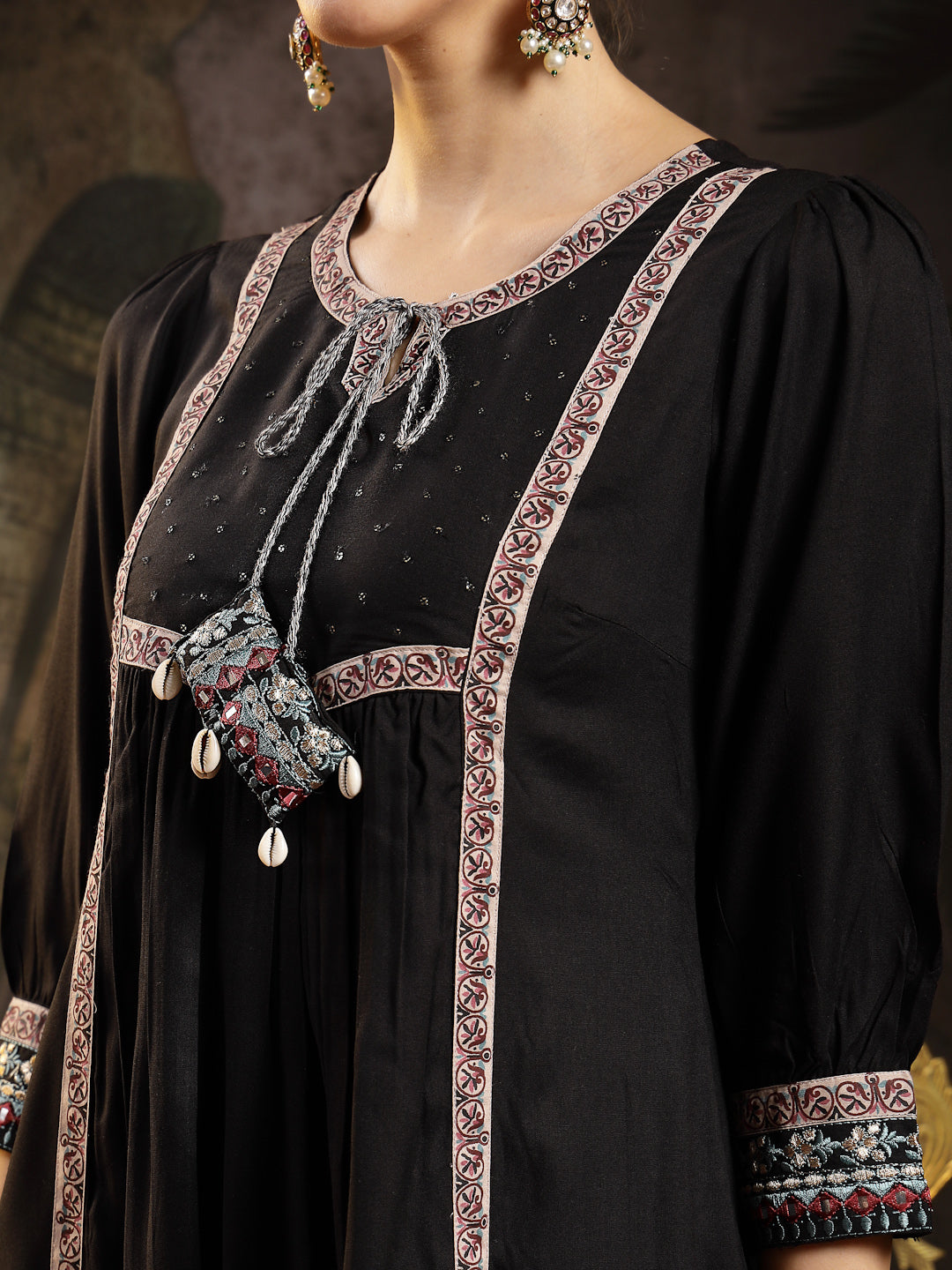 Women's Black Solid Rayon A-Line Kurta Pant Dupatta Set