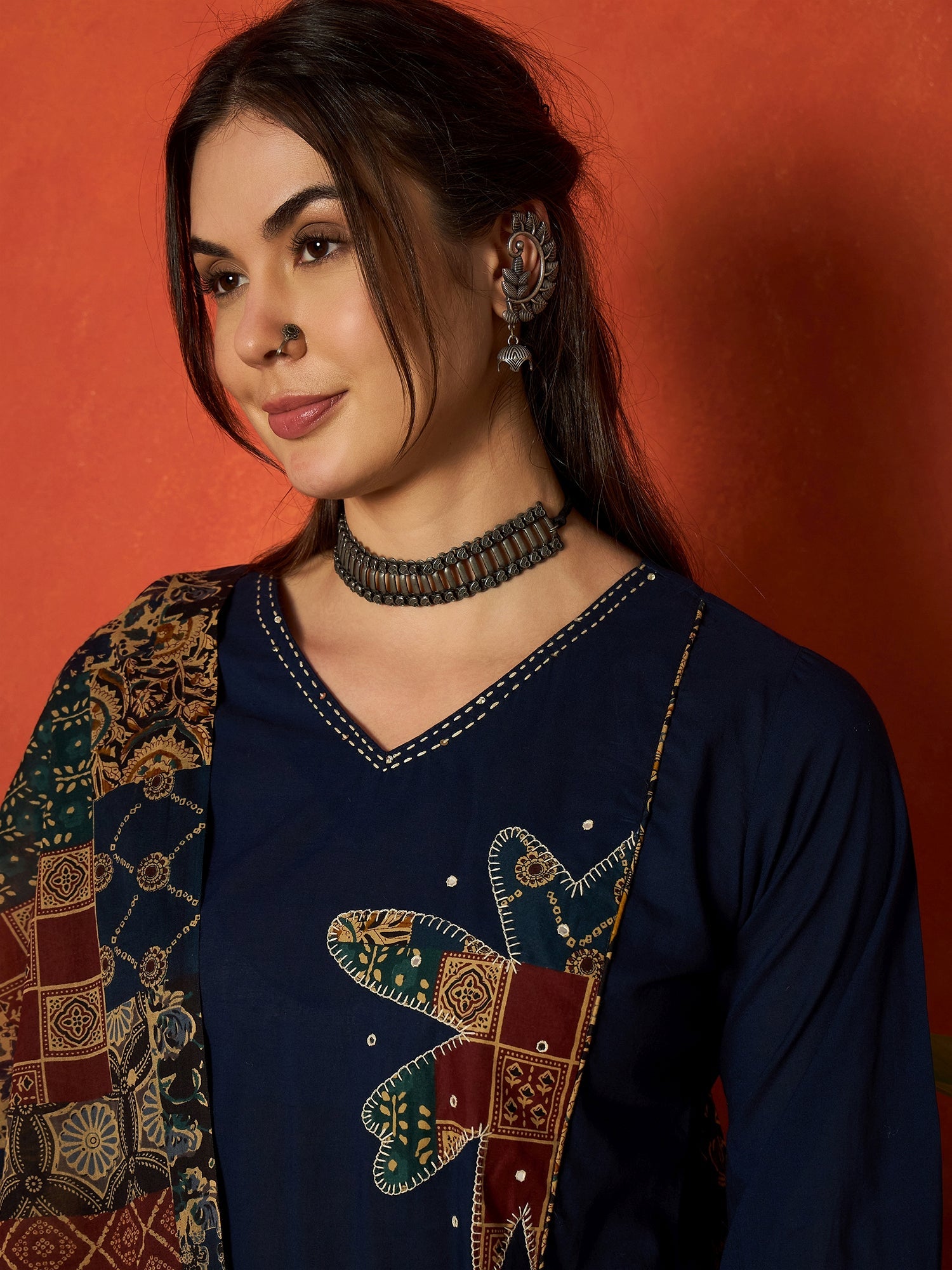 Women's Blue Solid Cotton Straight Kurta Pant Dupatta Set