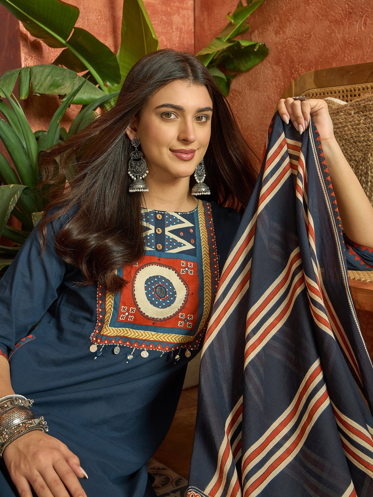 Women's Blue Solid Cotton Straight Kurta Pant Dupatta Set