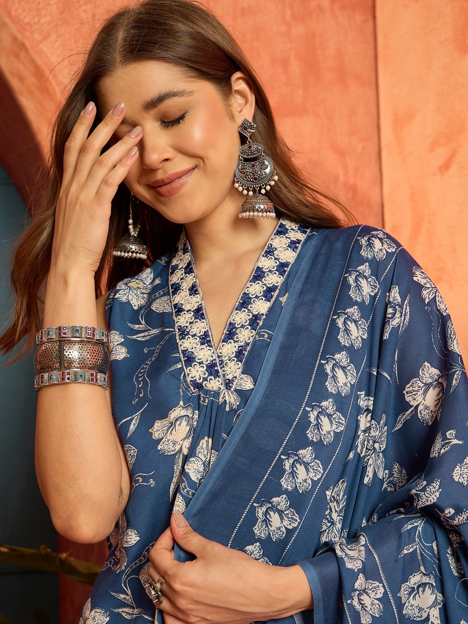 Women's Blue Floral Printed Cotton A-Line Kurta Pant Dupatta Set