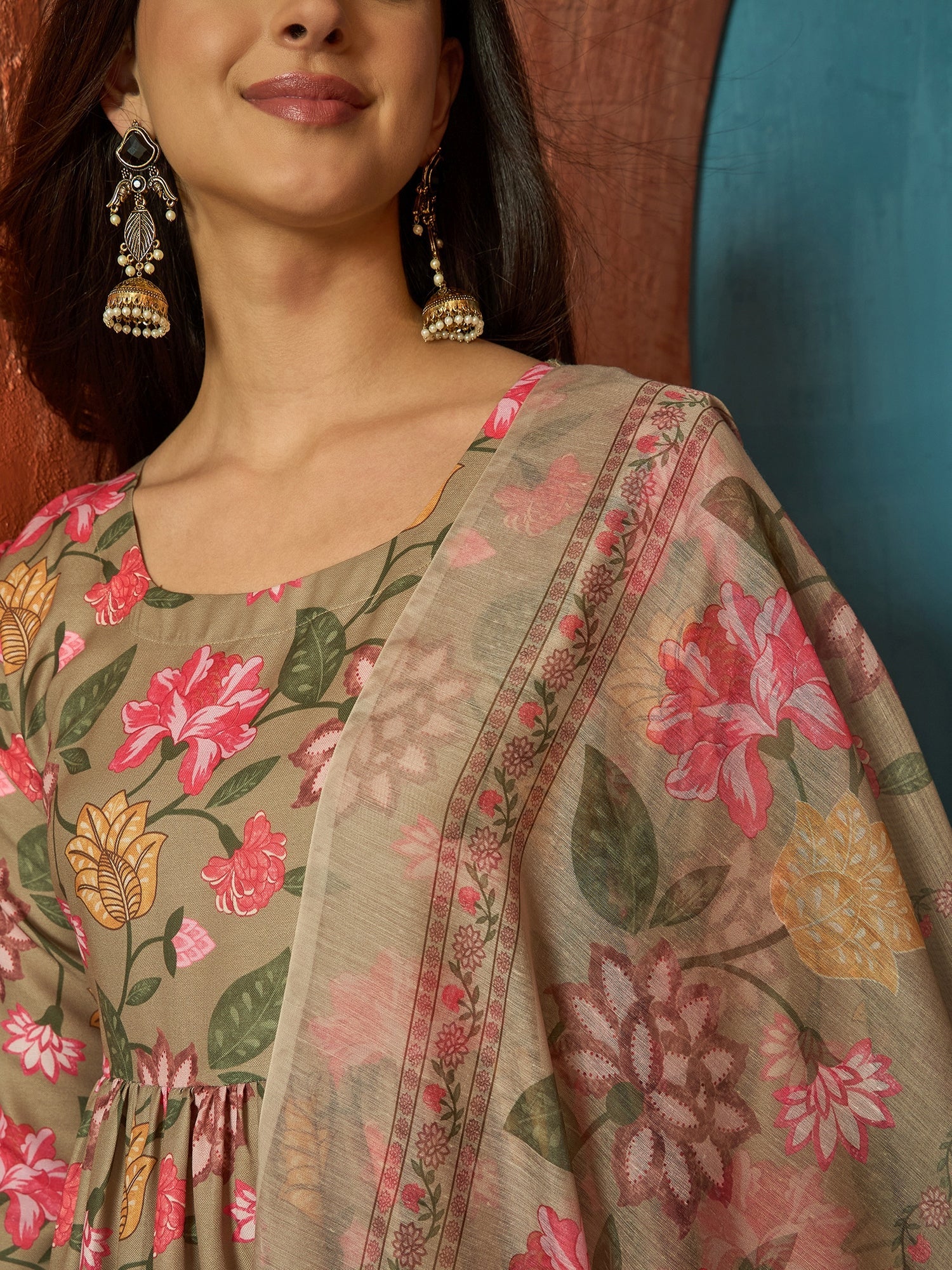 Women's Brown Floral Printed Rayon Anarkali Kurta Pant Dupatta Set