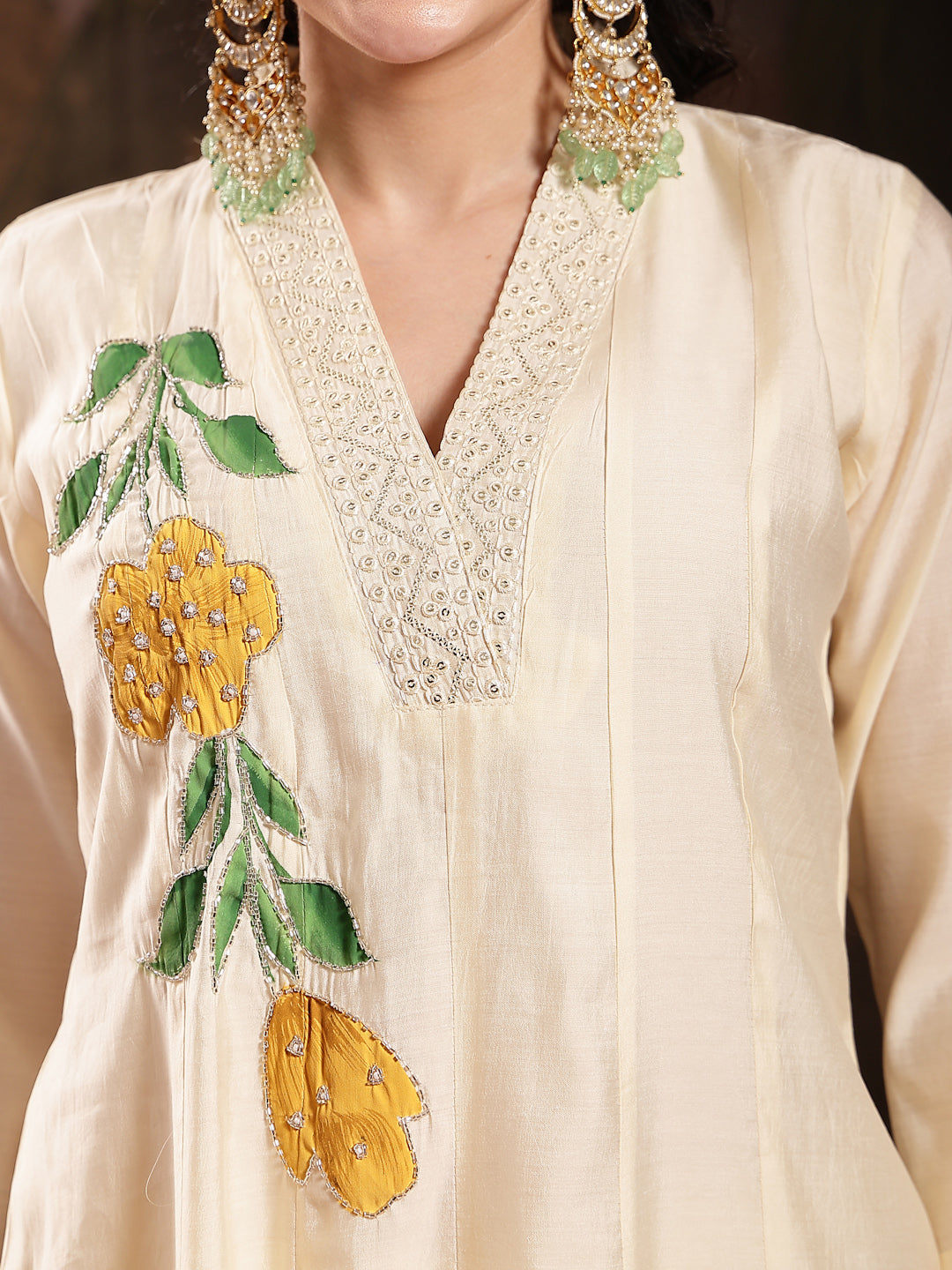 Women's Cream Solid & Embroidered Roman Silk A-Line Kurta Pant Dupatta Set