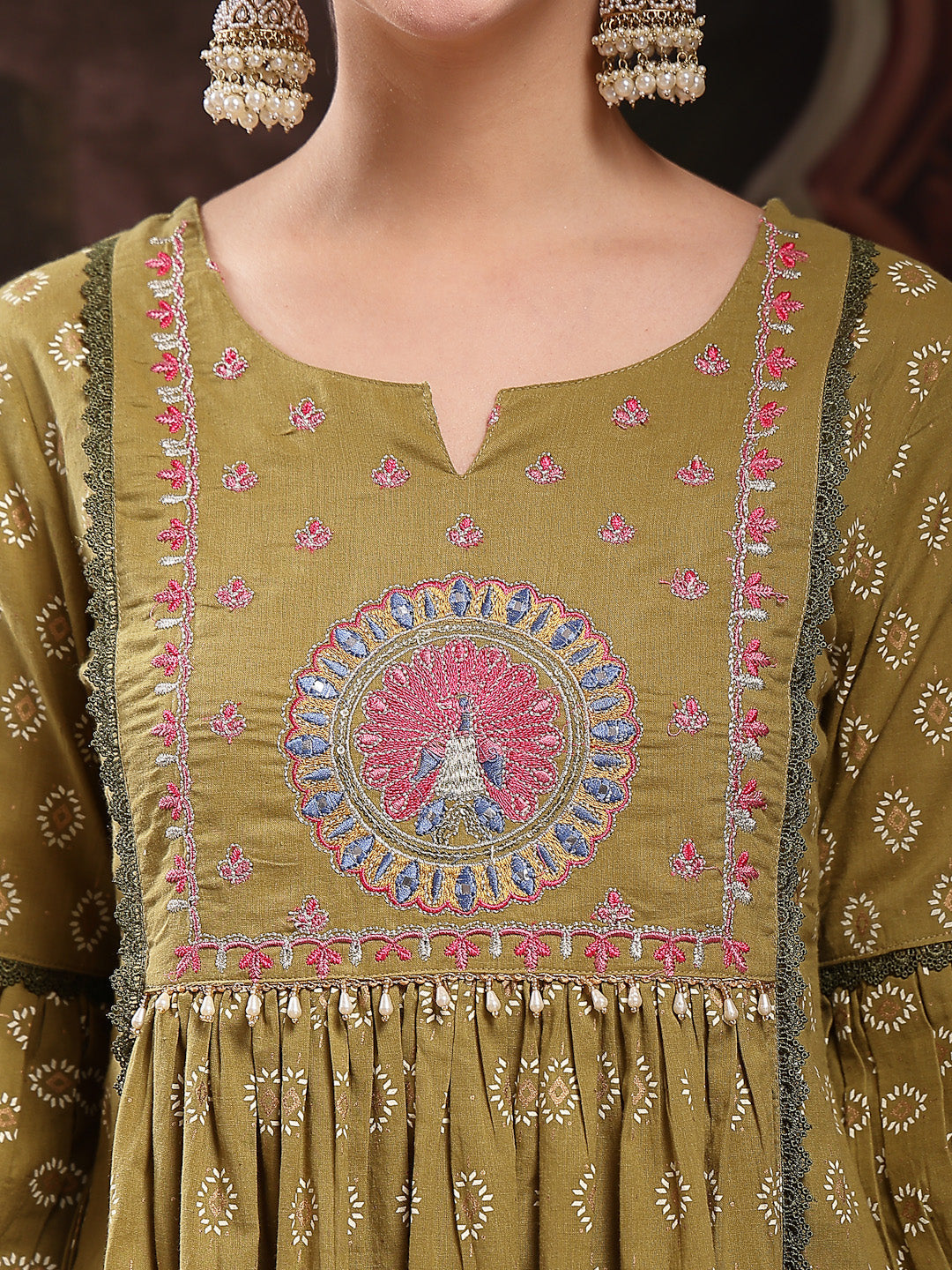 Women's Green Ethnic Printed & Embroidered Cotton Flared Kurta Palazzo Dupatta Set