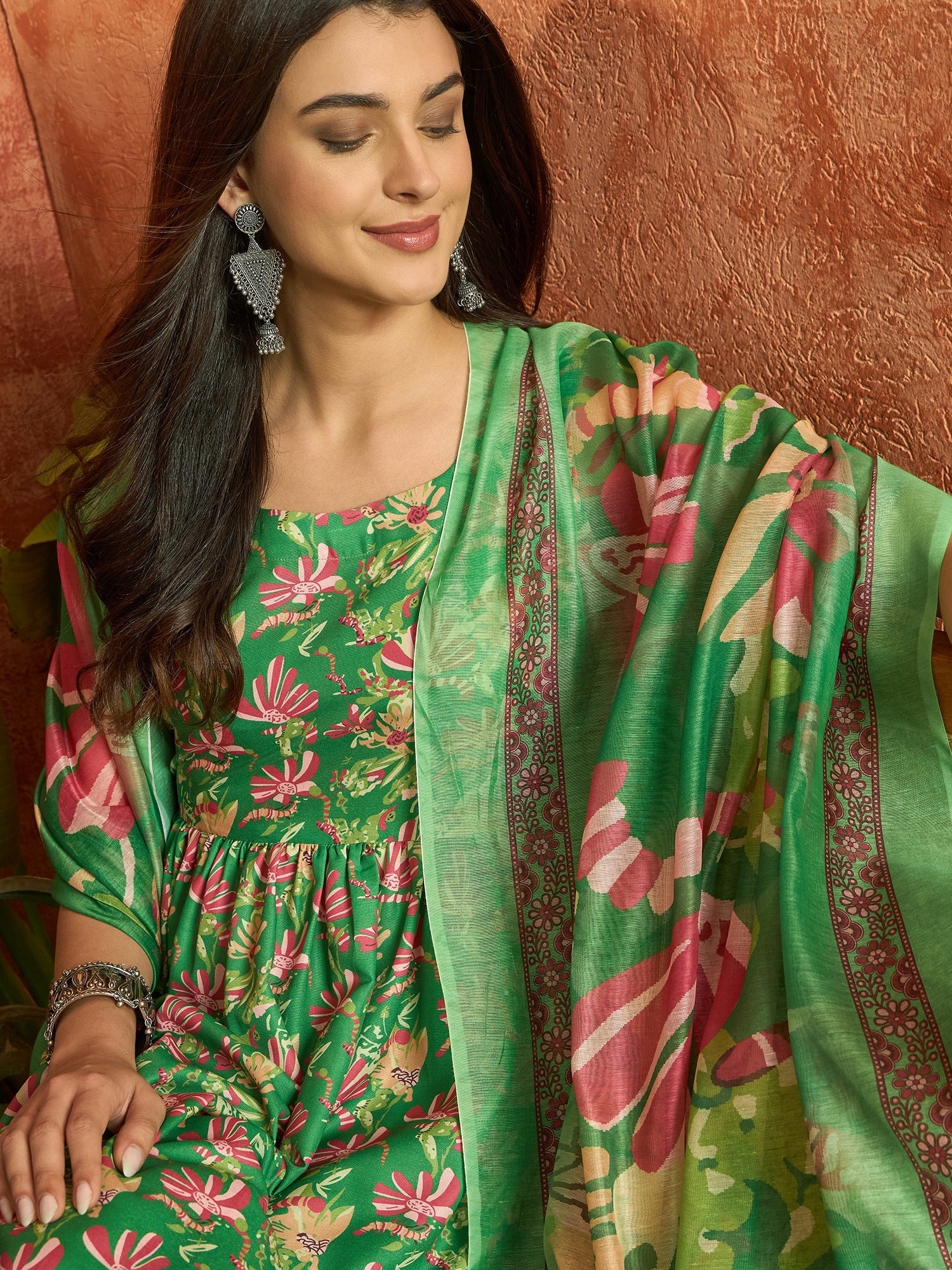 Women's Green Floral Printed Rayon Flared Kurta Palazzo Dupatta Set
