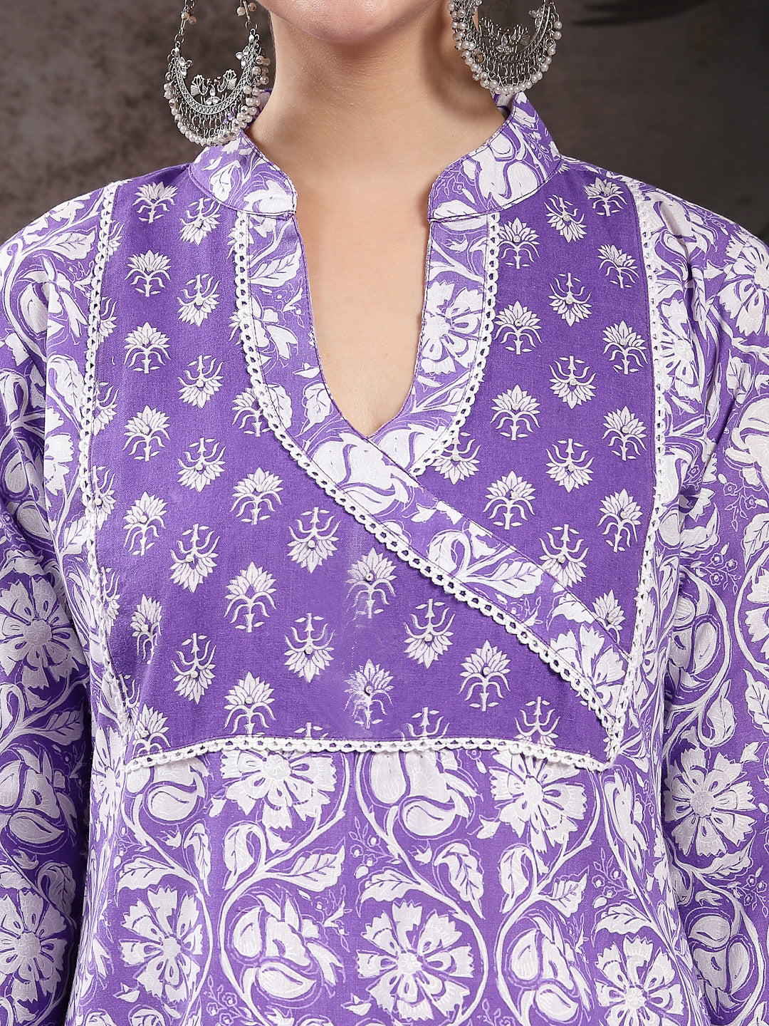 Women's Lavender Floral Printed Cotton Straight Kurta Pant Dupatta Set