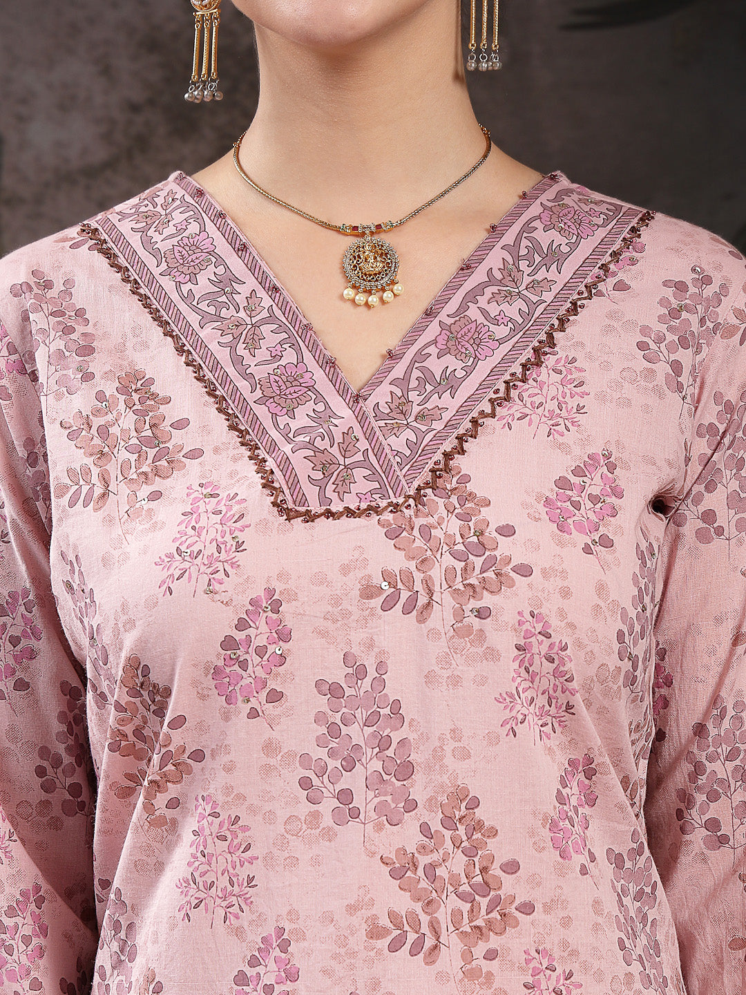 Women's Lavender Ethnic Printed Cotton Straight Kurta Pant Dupatta Set