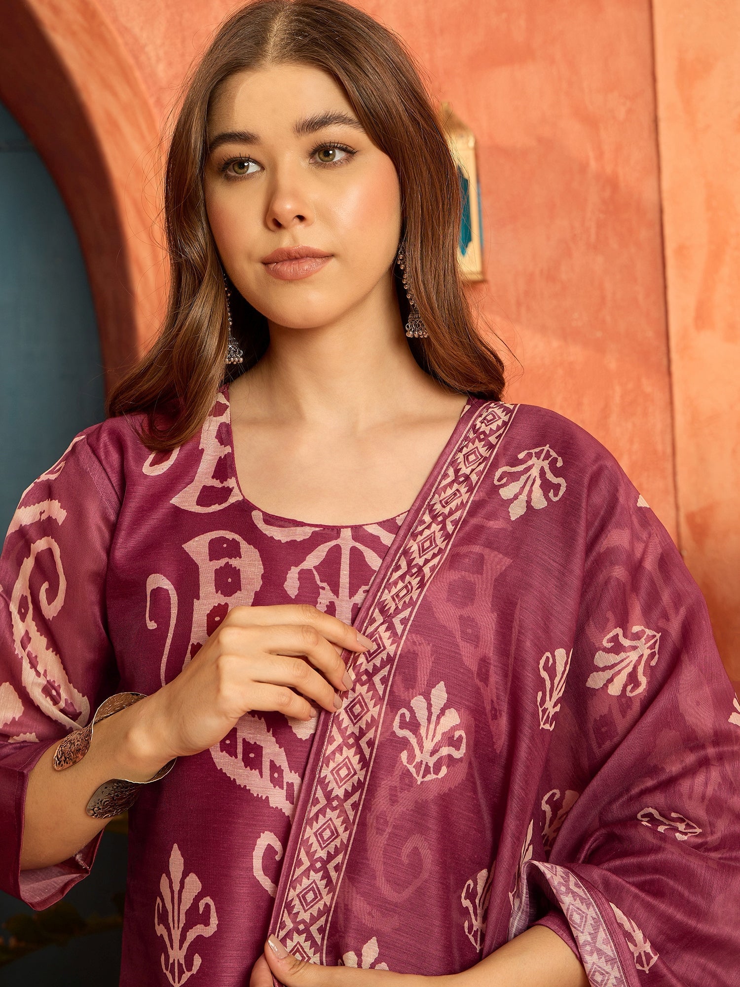 Women's Maroon Ikkat Printed Chanderi Straight Kurta Pant Dupatta Set
