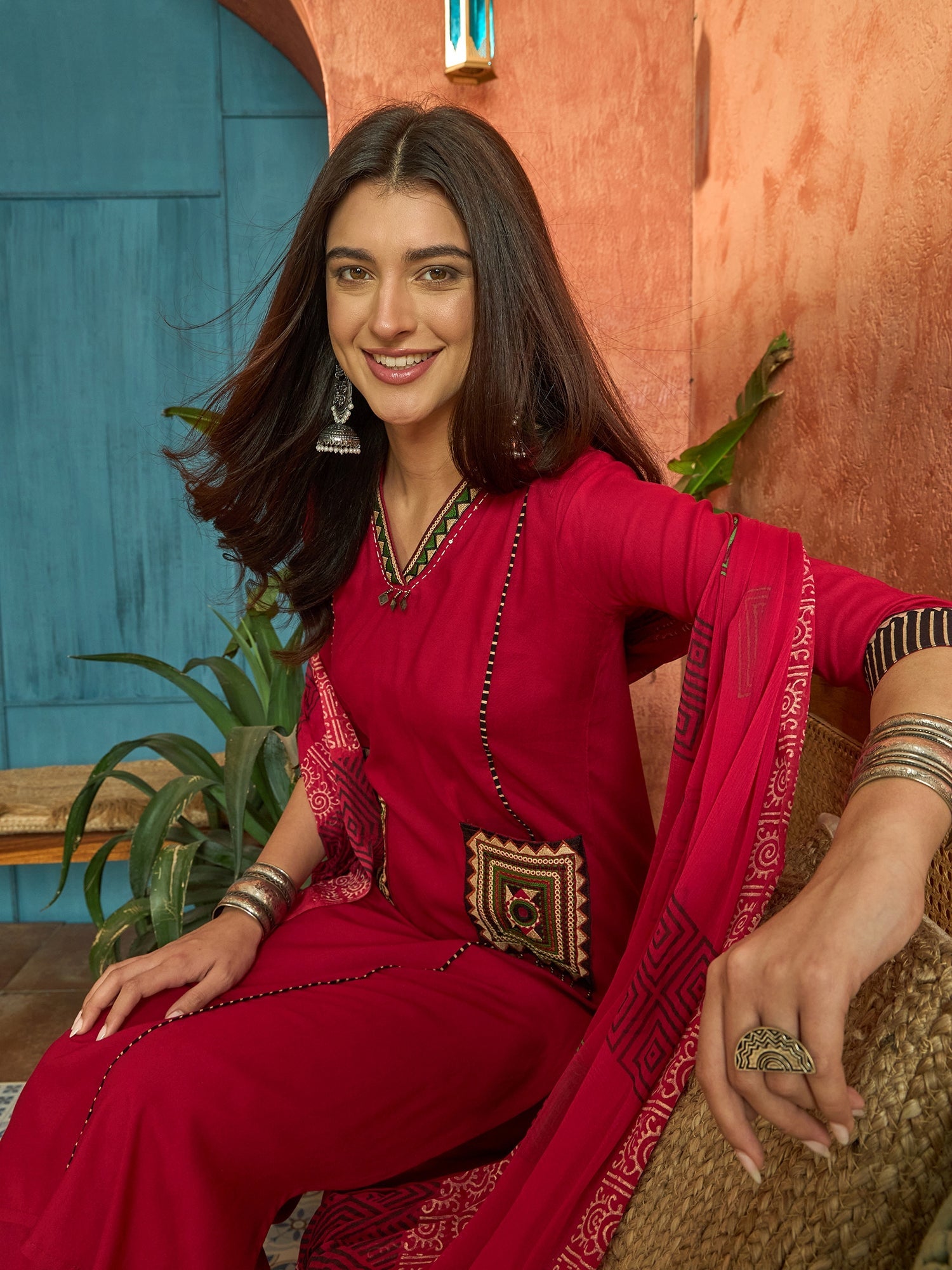 Women's Maroon Solid Rayon Straight Kurta Palazzo Dupatta Set