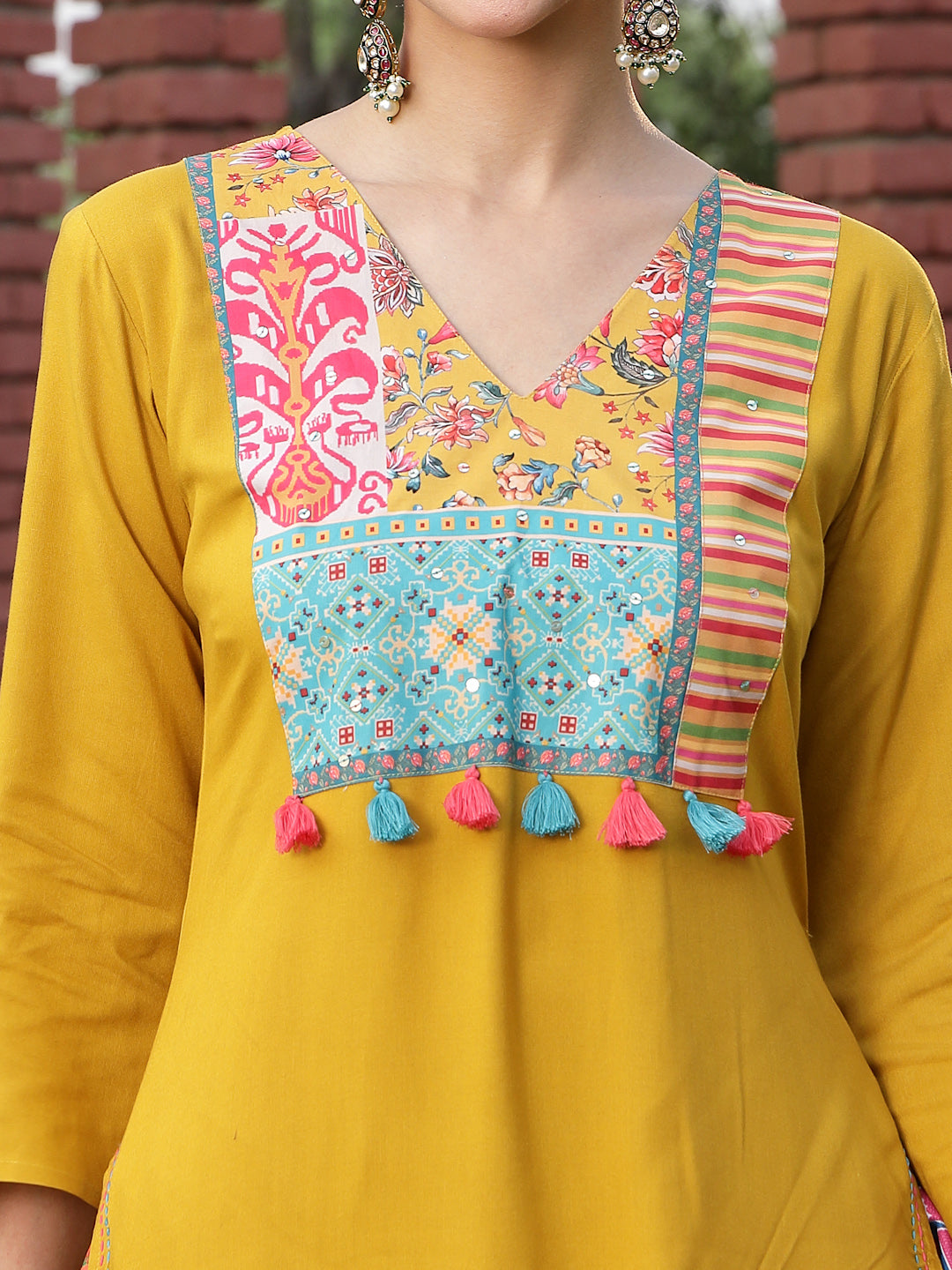 Women's Mustard Solid Cotton A-Line Kurta Palazzo Dupatta Set