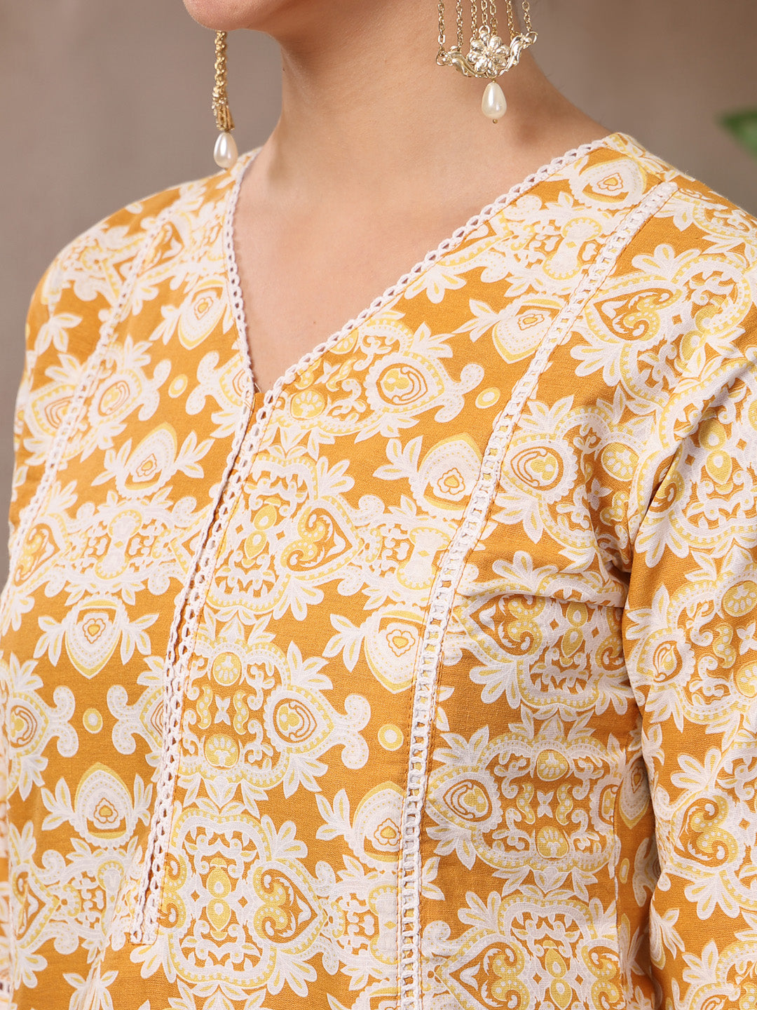 Women's Mustard Ethnic Printed Cotton Straight Kurta Pant Dupatta Set
