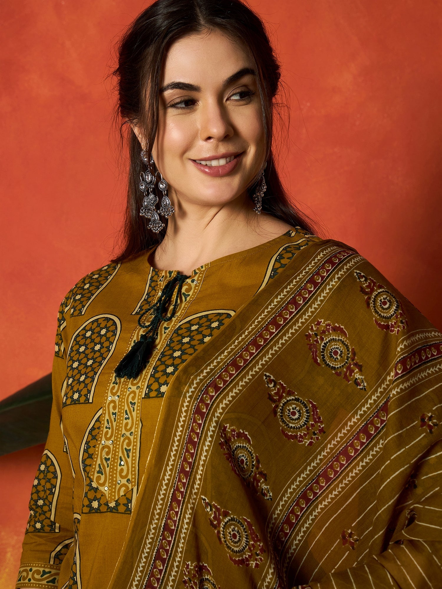 Women's Mustard Printed Cotton Straight Kurta Pant Dupatta Set