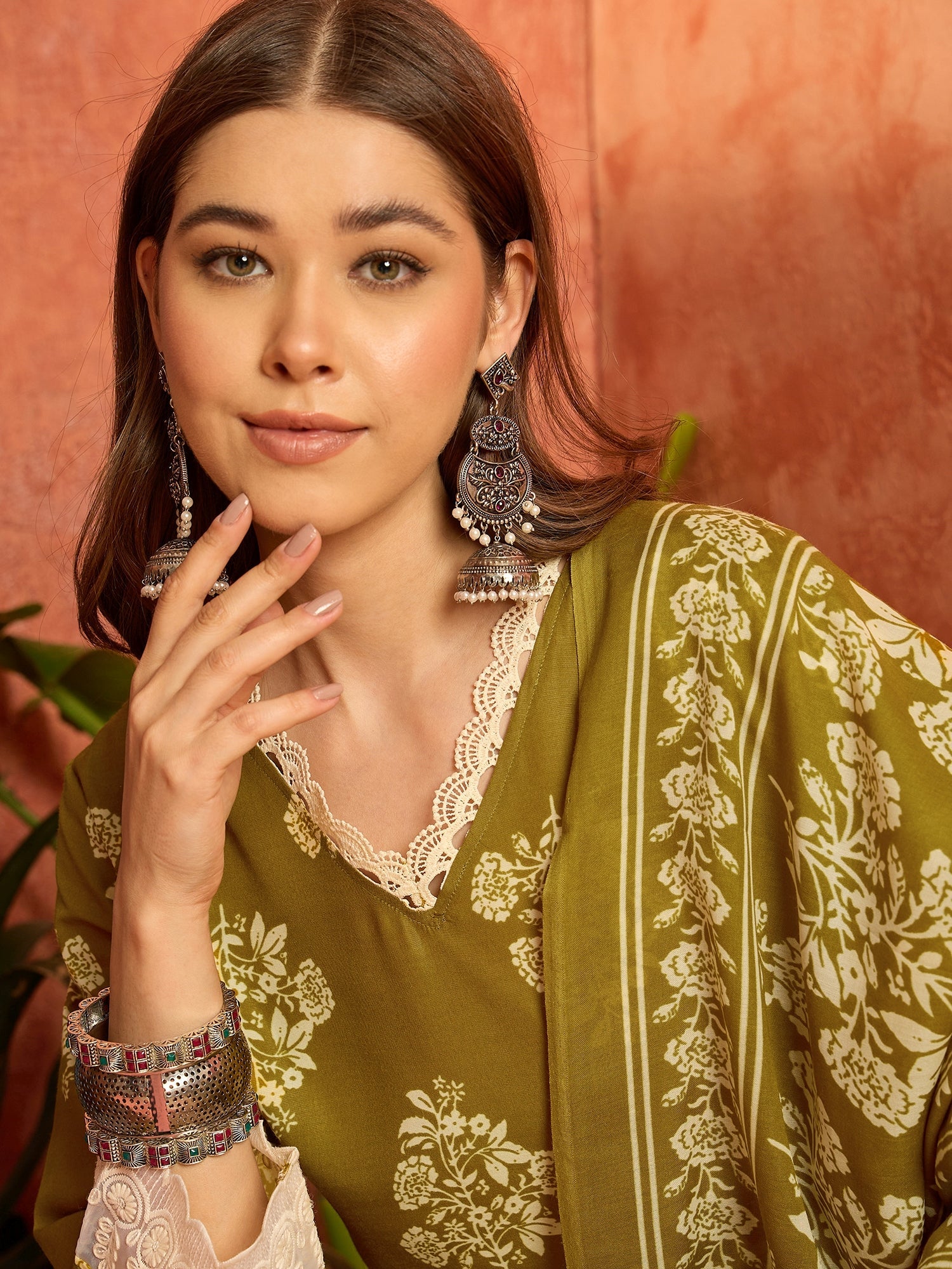 Women's Mustard Floral Printed Cotton Blend Straight Kurta Pant Dupatta Set