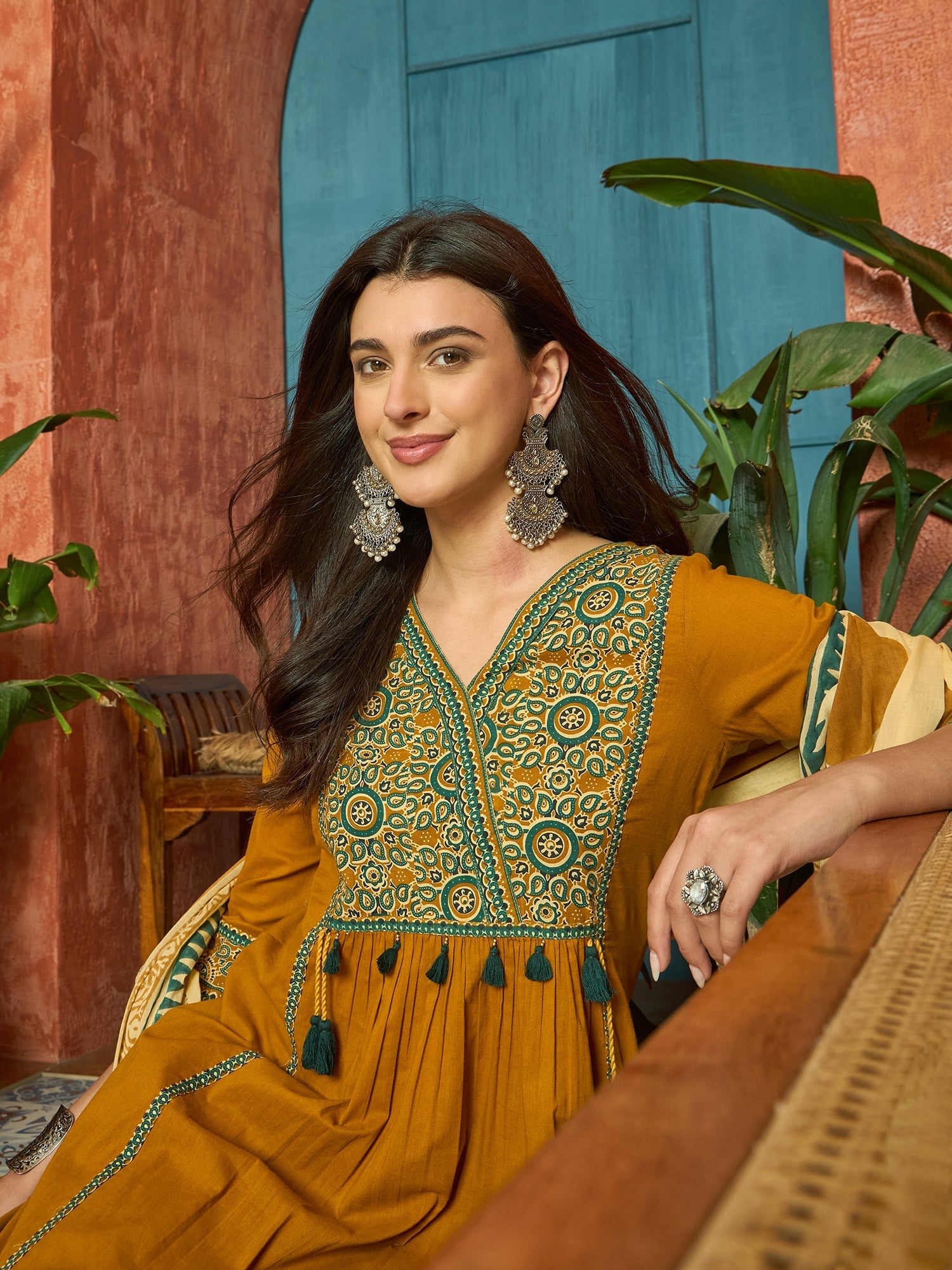 Women's Mustard Solid Cotton Straight Kurta Pant Dupatta Set