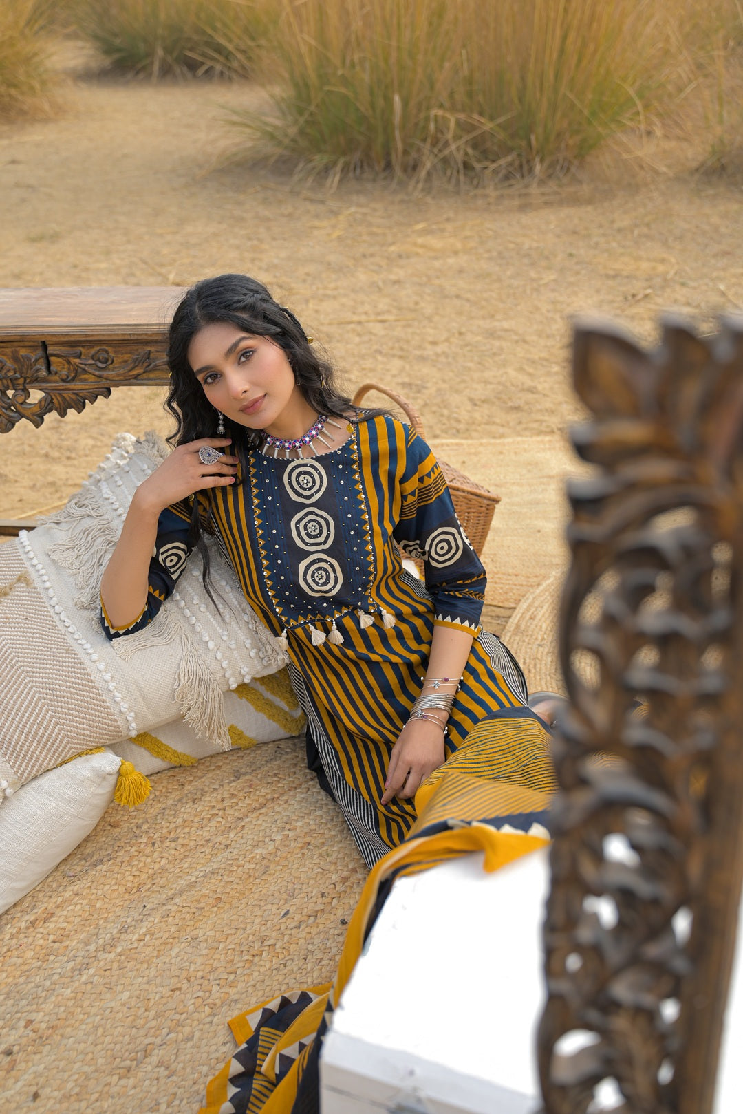 Women's Mustard Striped Printed Cotton Straight Kurta Pant Dupatta Set