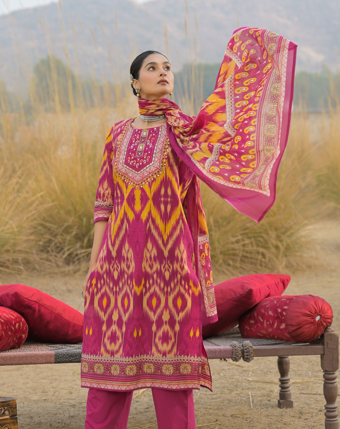 Women's Pink Ikat Printed Cotton Straight Kurta Pant Dupatta Set