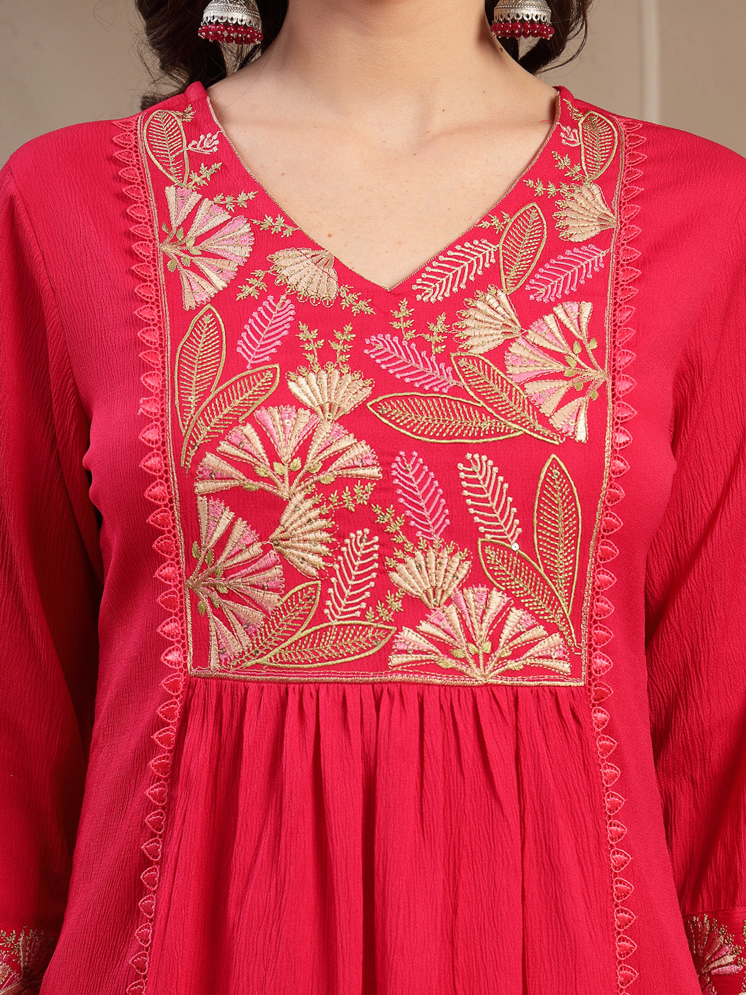 Women's Pink Solid & Embroidered Crepe A-Line Kurta Palazzo Dupatta Set