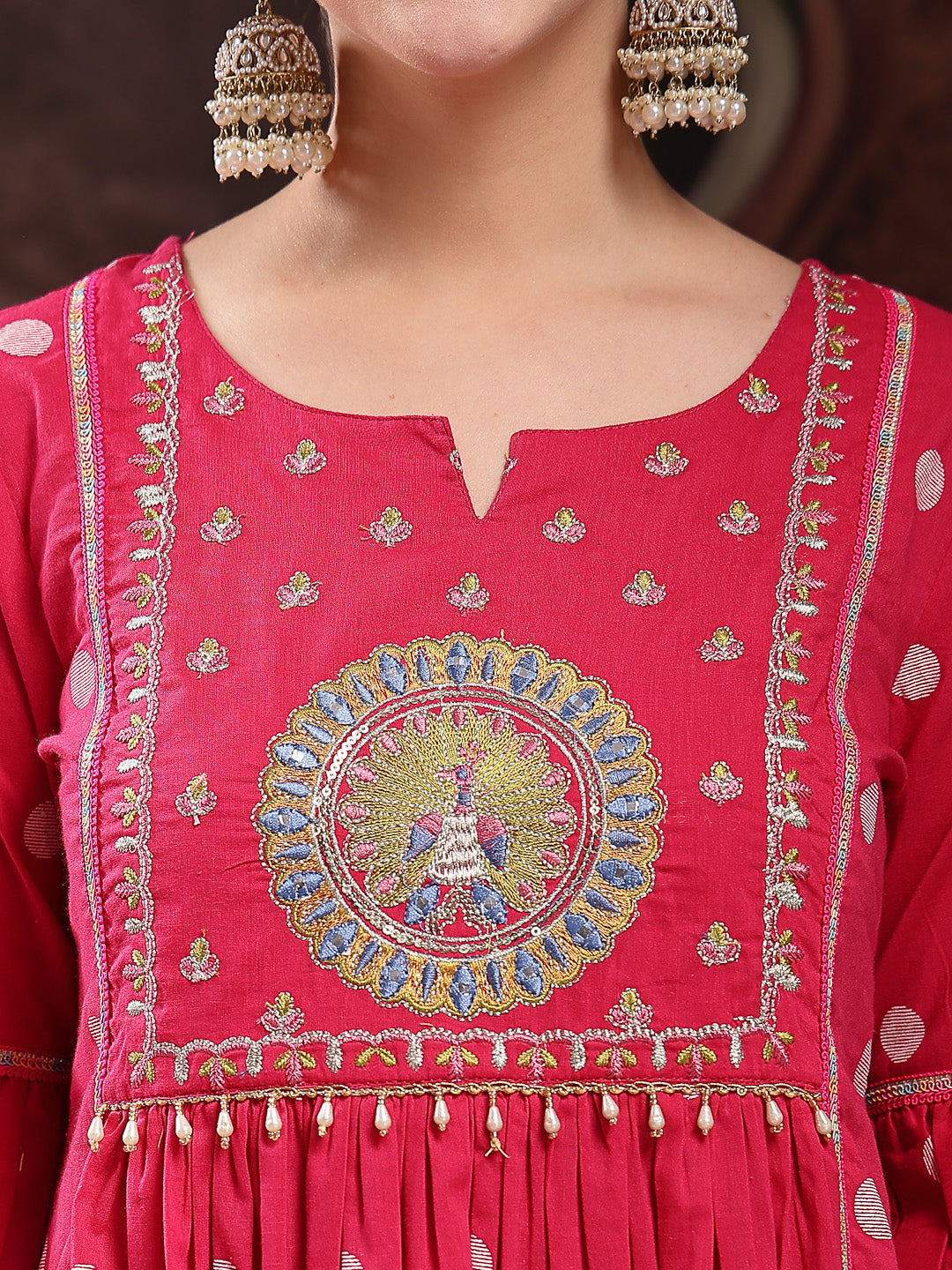 Women's Pink Printed & Embroidered Cotton Flared Kurta Palazzo Dupatta Set