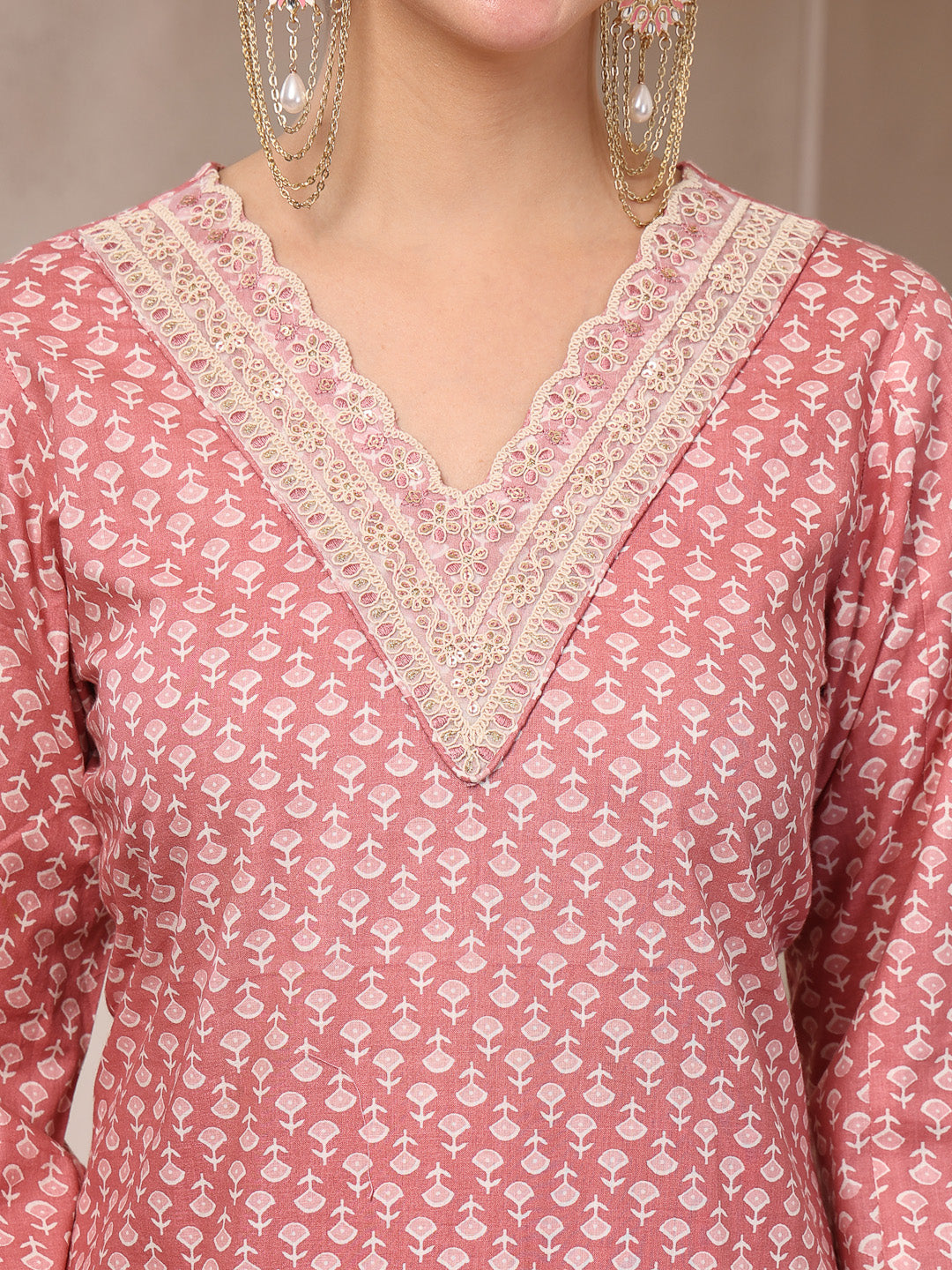 Women's Pink Ethnic Motif Printed Cotton Straight Kurta Palazzo Dupatta Set