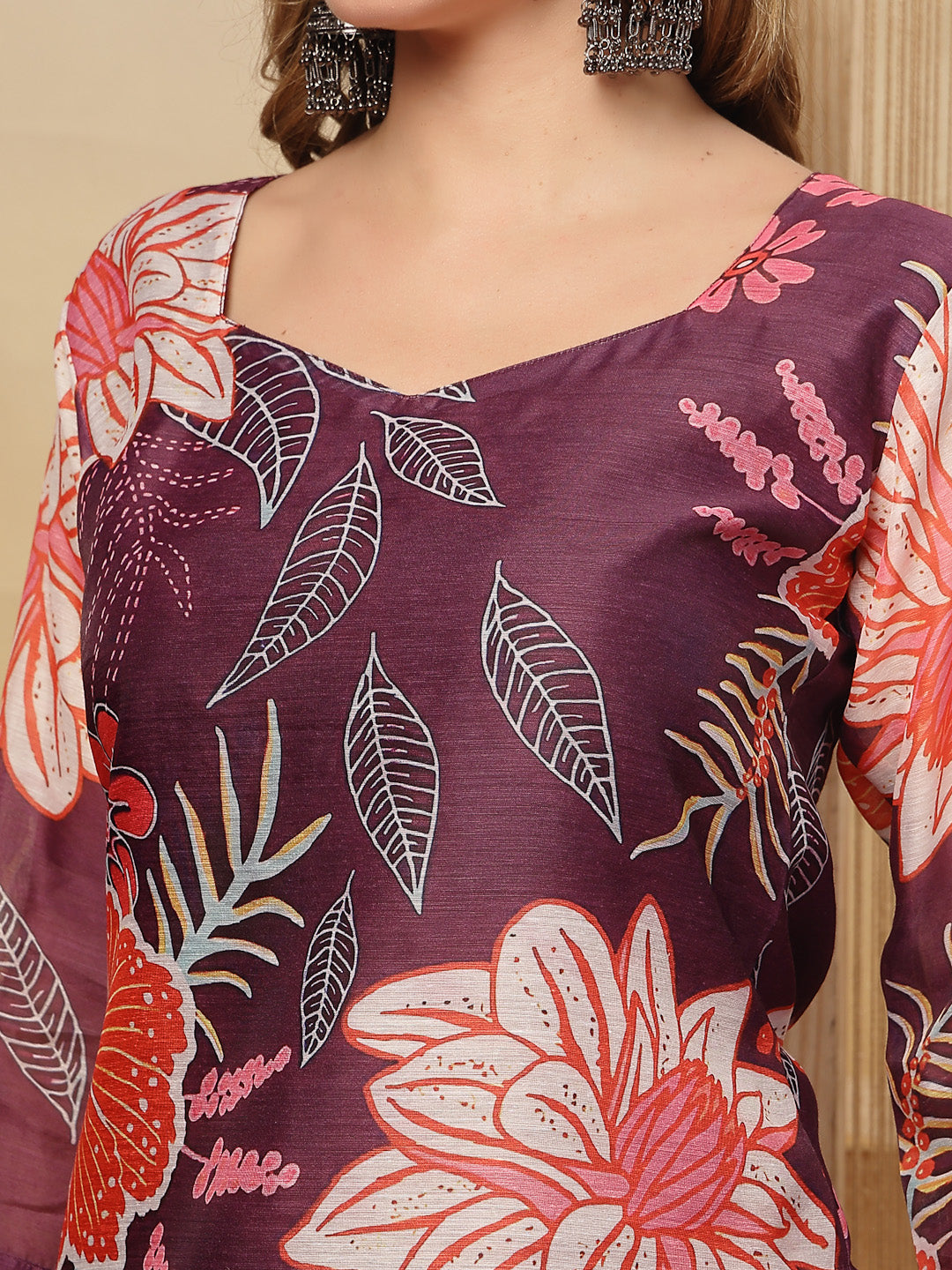 Women's Purple Floral Printed Chanderi Silk Straight Kurta Pant Dupatta Set