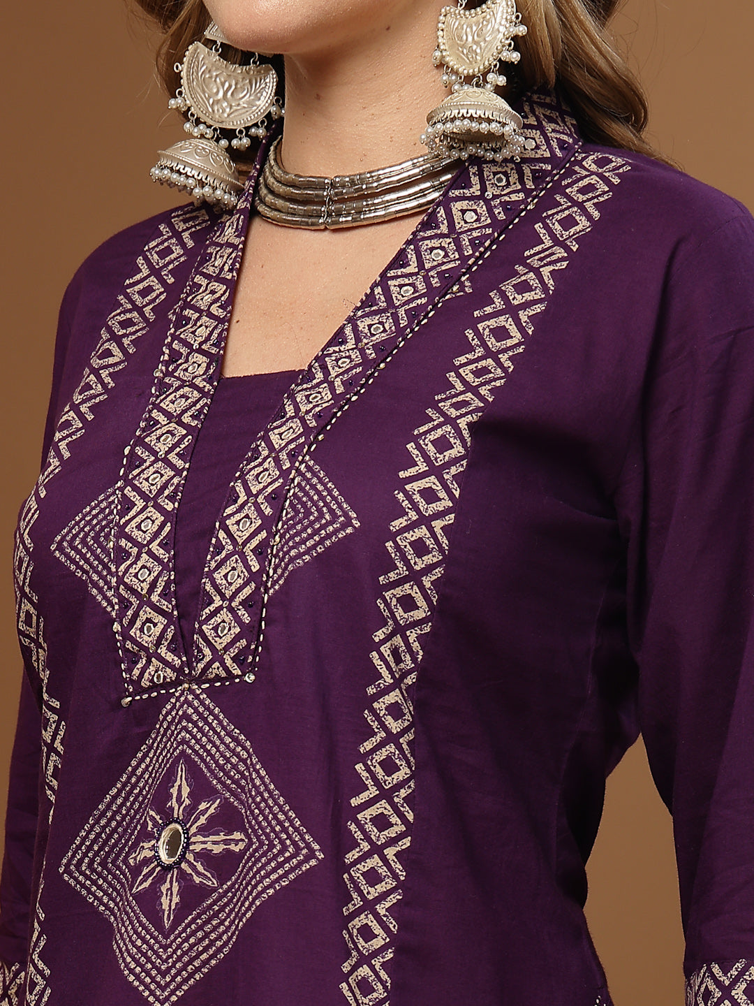 Women's Purple Bandhej Printed Cotton Straight Kurta Pant Dupatta Set