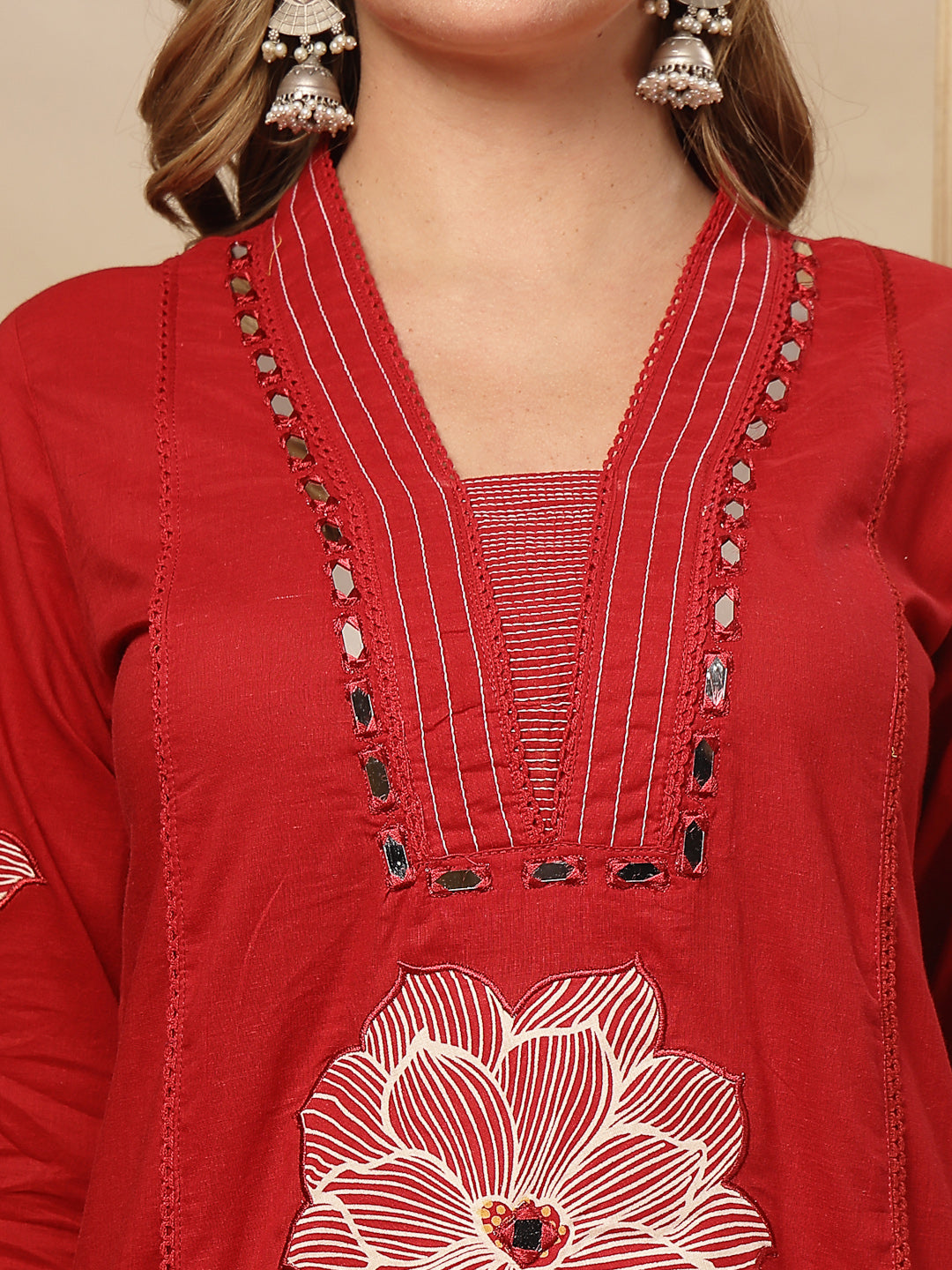 Women's Red Solid & Embroidered Cotton A-Line Kurta Pant Dupatta Set