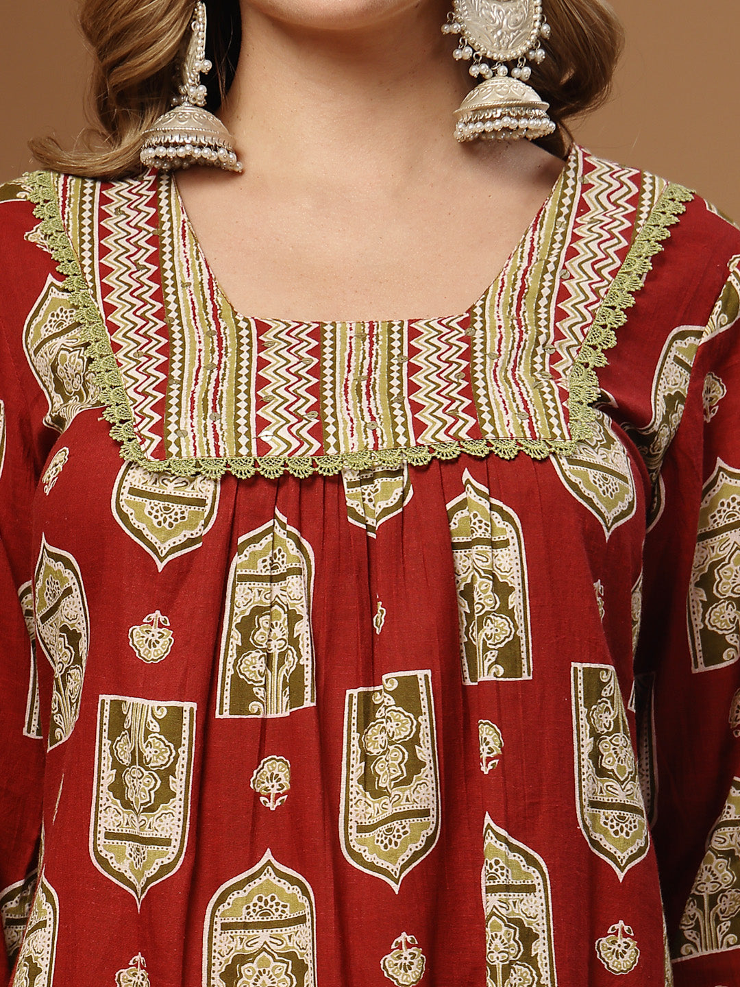Women's Red Ajrakh Printed Cotton A-Line Kurta Palazzo Dupatta Set