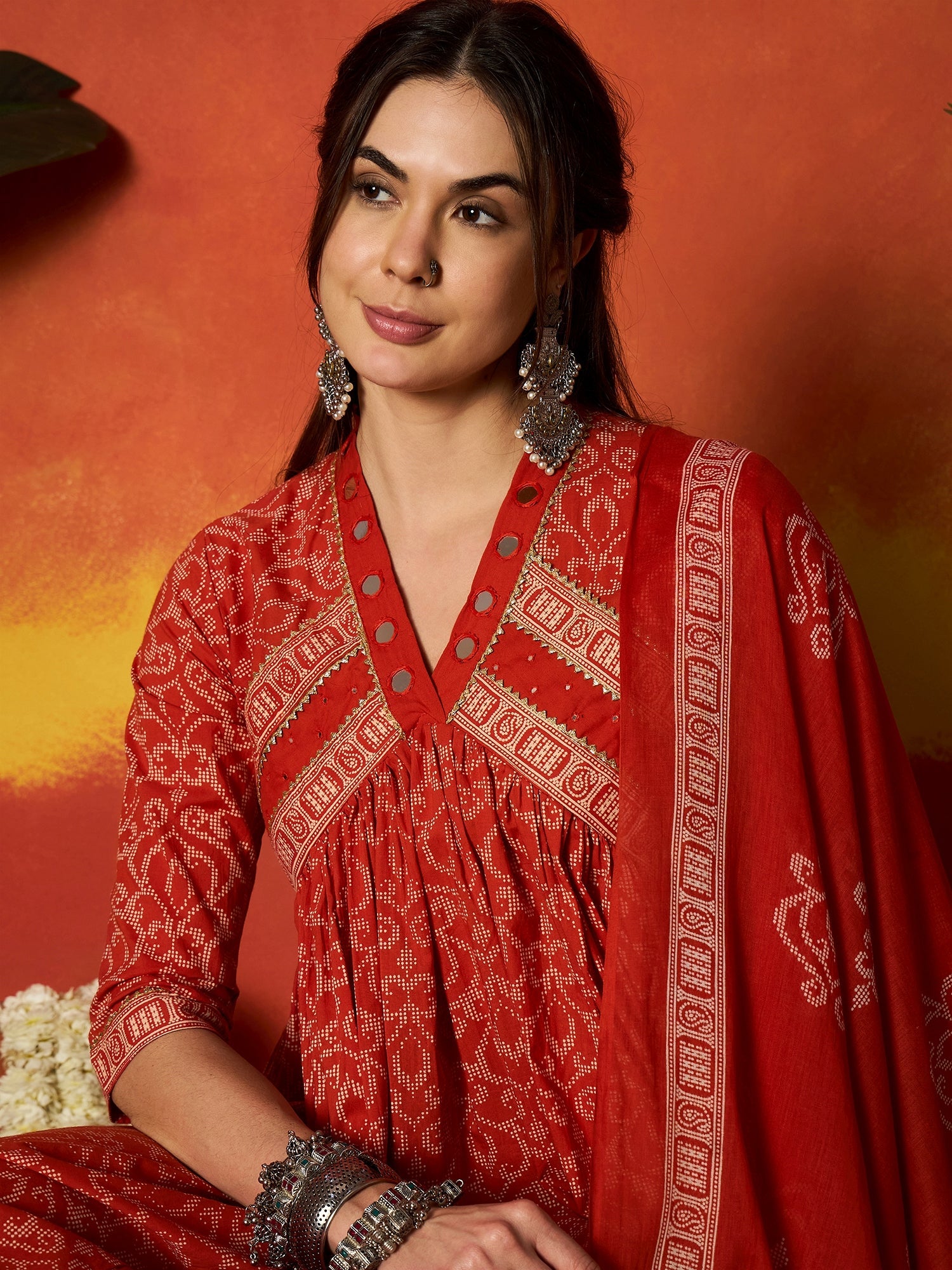 Women's Rust Printed Cotton Alia Kurta Pant Dupatta Set