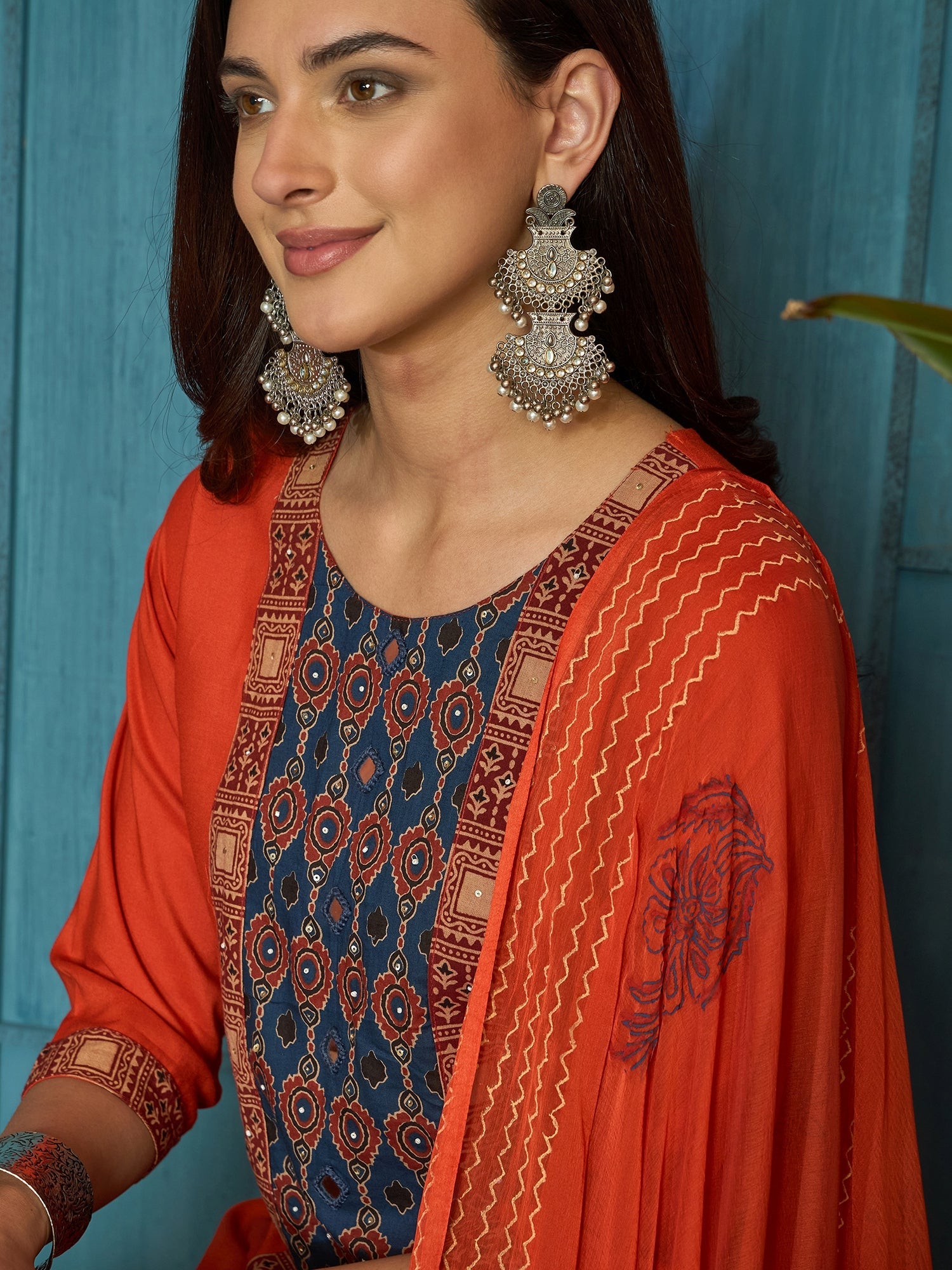 Women's Rust Solid Rayon A-Line Kurta Palazzo Dupatta Set