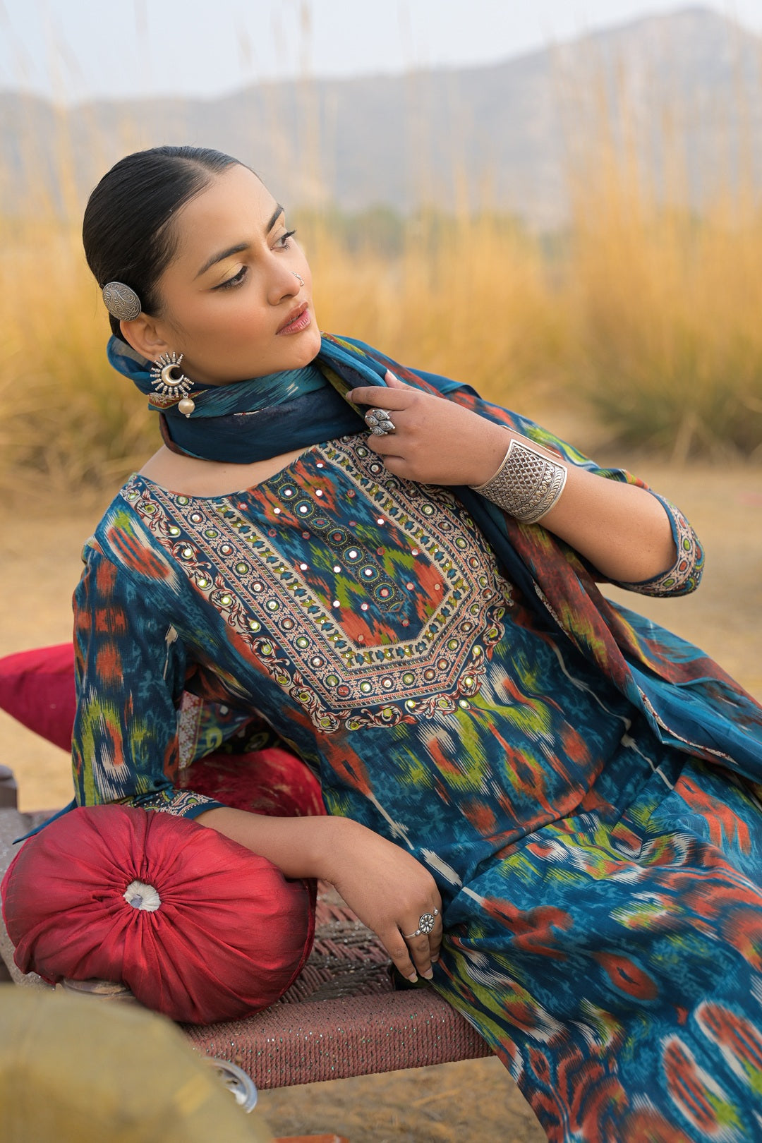 Women's Teal Ikat Printed Cotton Straight Kurta Pant Dupatta Set