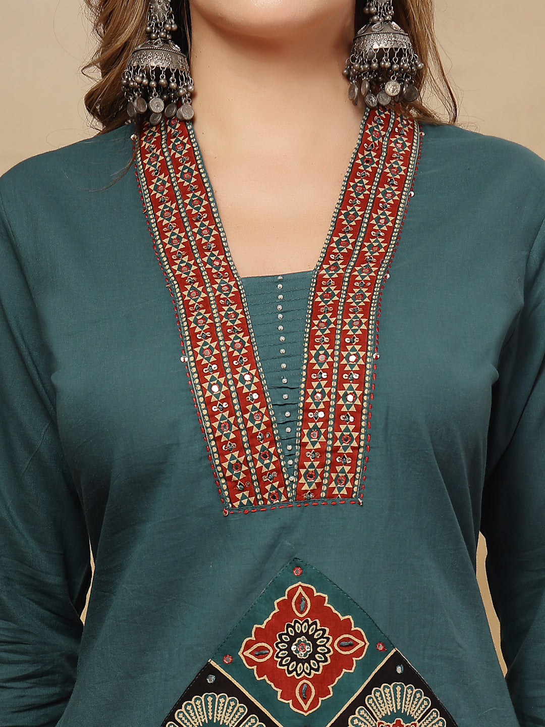 Women's Teal Solid Cotton A-Line Kurta Pant Dupatta Set