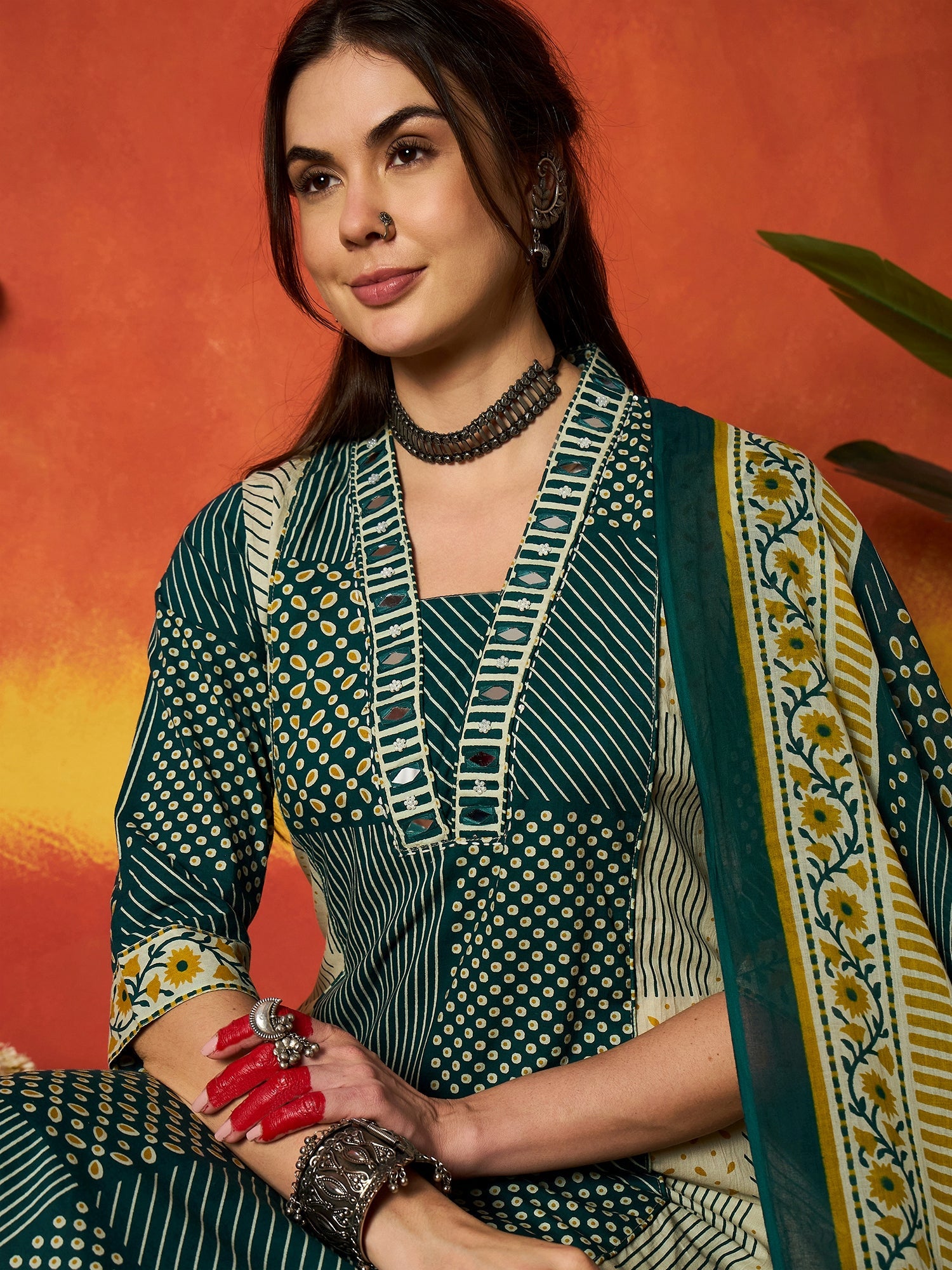 Women's Teal Printed Cotton Straight Kurta Pant Dupatta Set