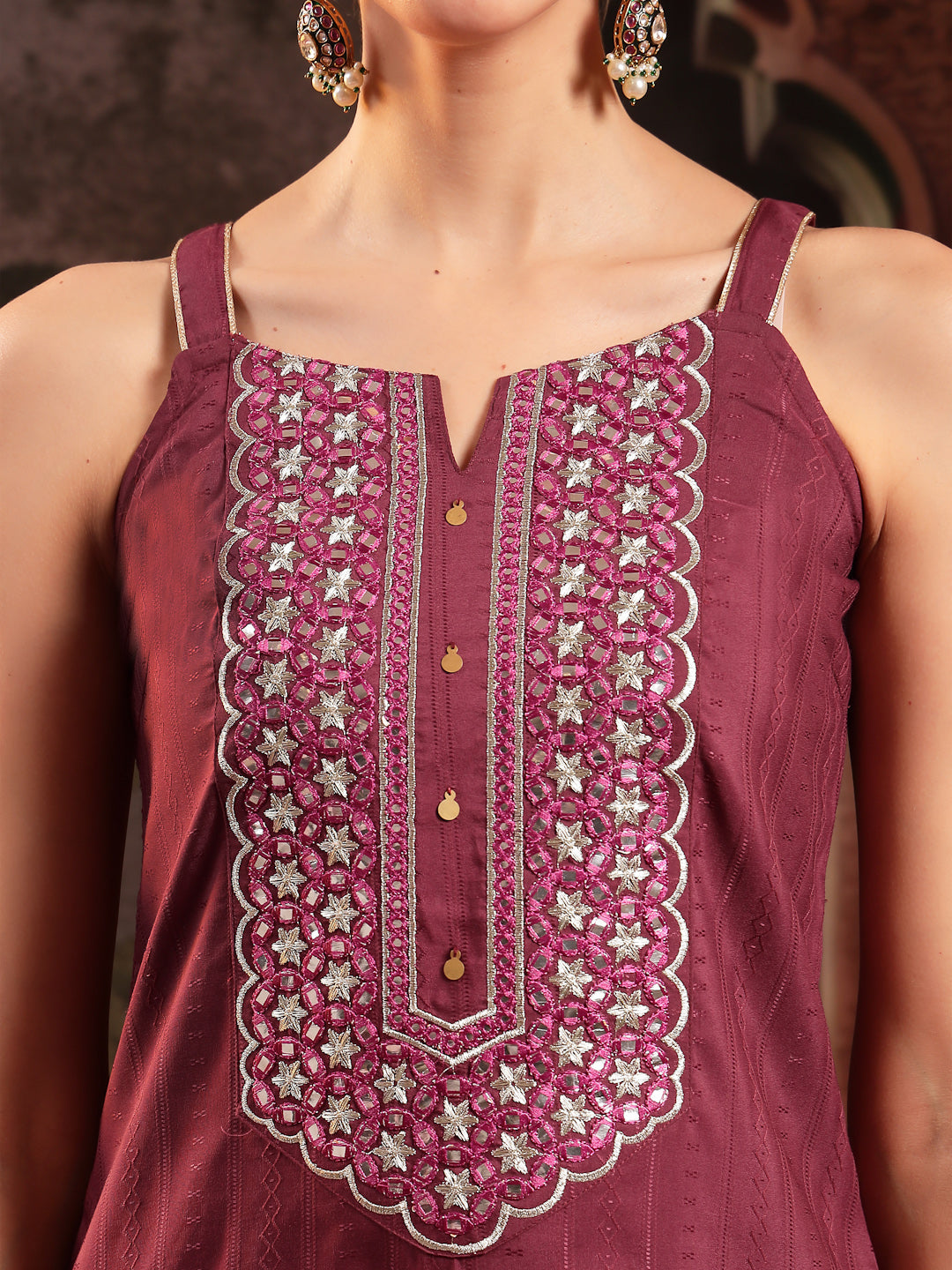 Women's Wine Woven Design & Embroidered Cotton Blend Straight Kurta Palazzo Dupatta Set