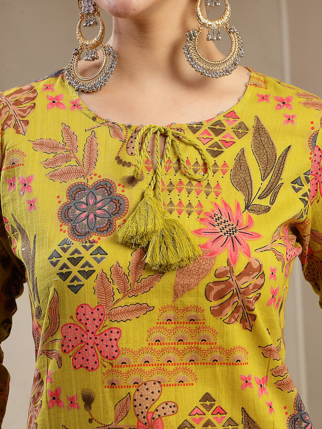 Women's Yellow Floral Printed Cotton Straight Kurta Pant Dupatta Set