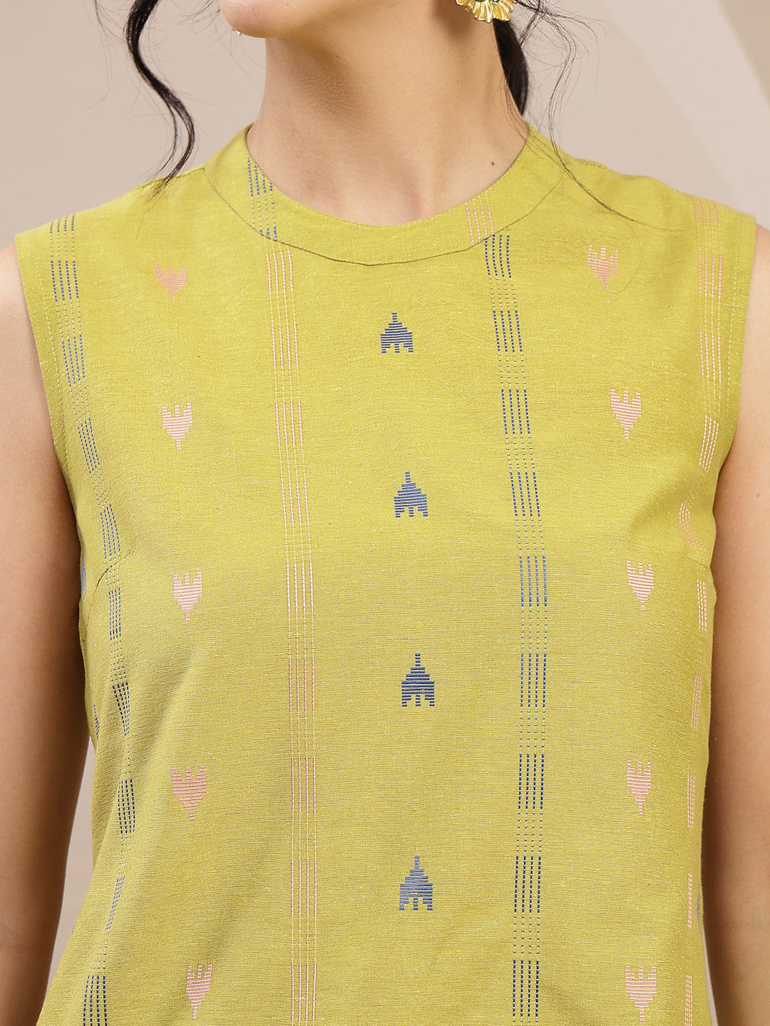 Women's Green Woven Design Kantha Cotton A-Line Kurta Palazzo Set