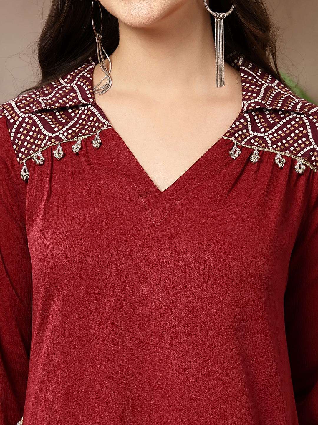 Women's Maroon Solid Crepe A-Line Kurta Pant Set