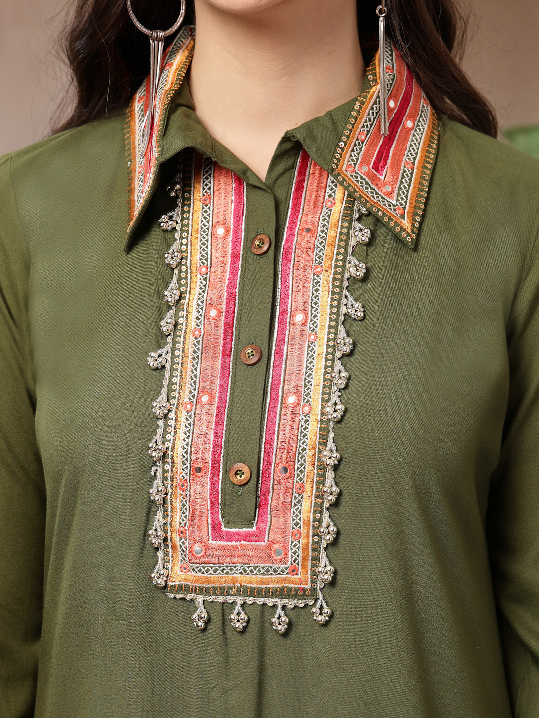 Women's Olive Solid & Embroidered Rayon A-Line Kurta Pant Set