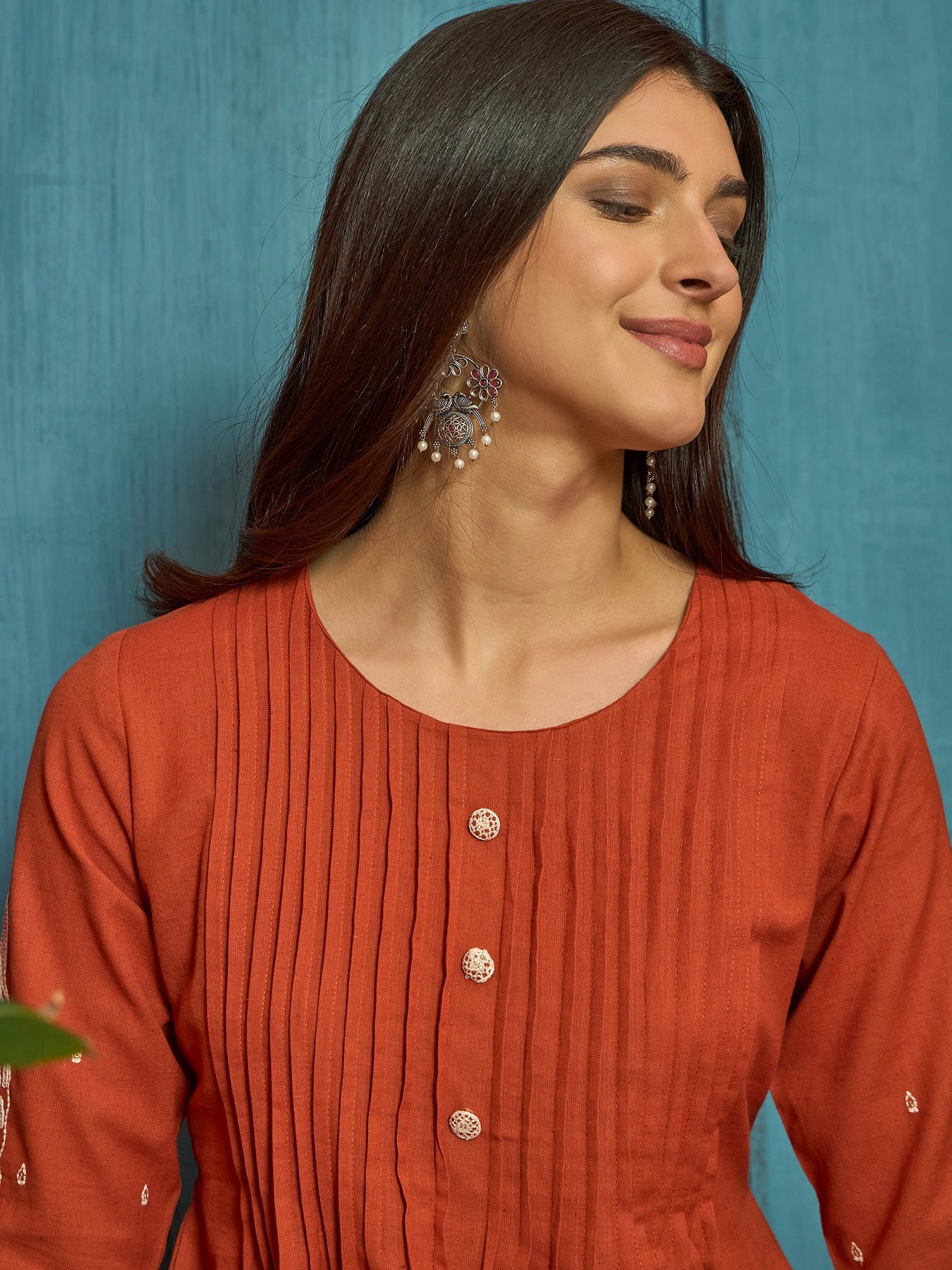 Women's Orange Solid & Embroidered Cotton A-Line Kurta Pant Set