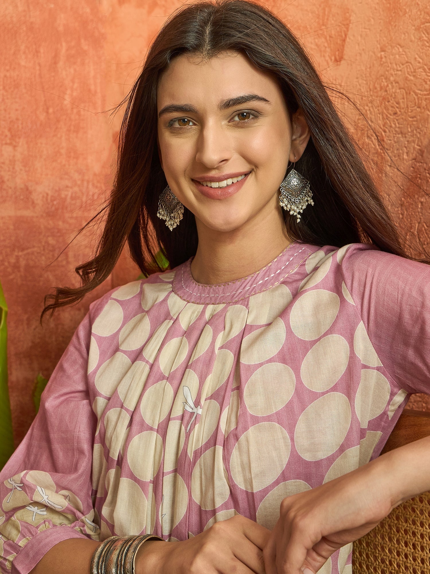 Women's Pink Polka Dots Printed Voile A-Line Kurta Pant Set