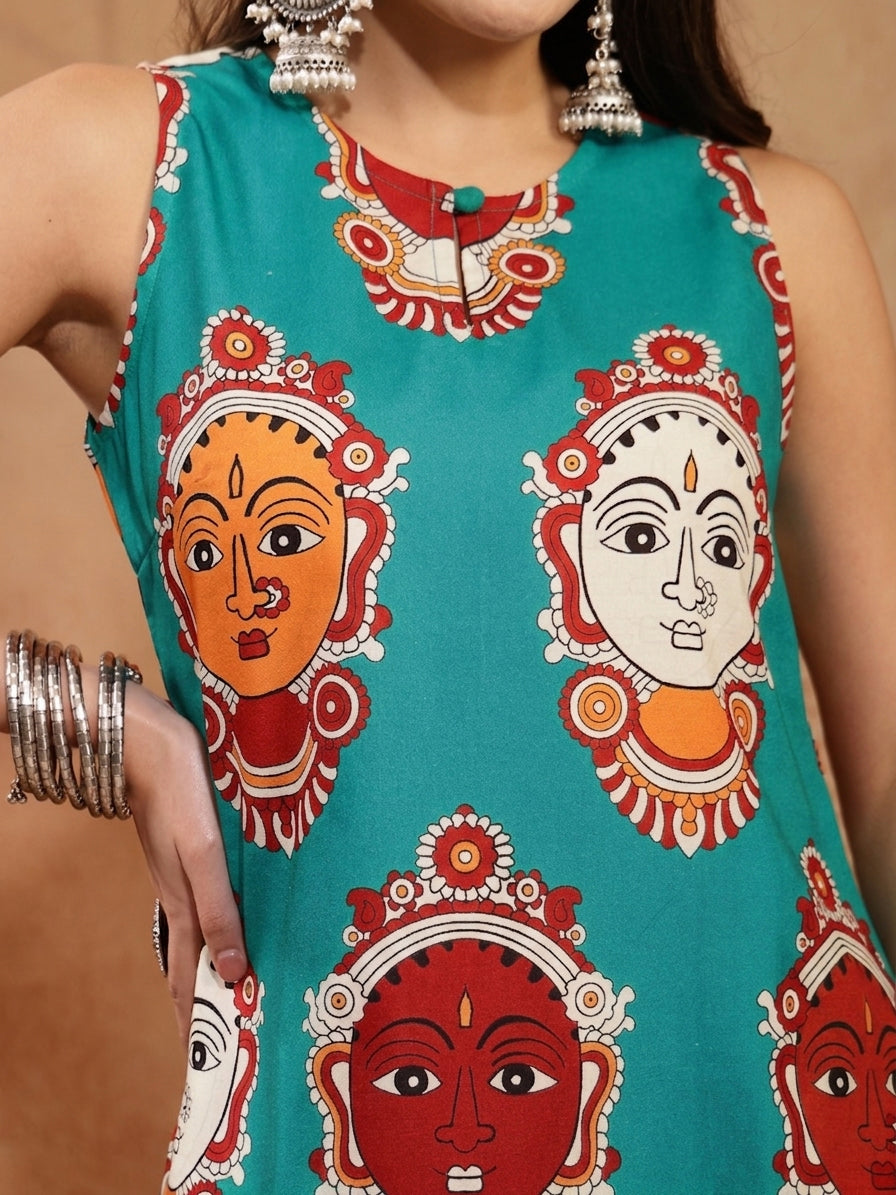 Women's Turquoise Kalamkari Face Printed Rayon A-Line Kurta Palazzo Set