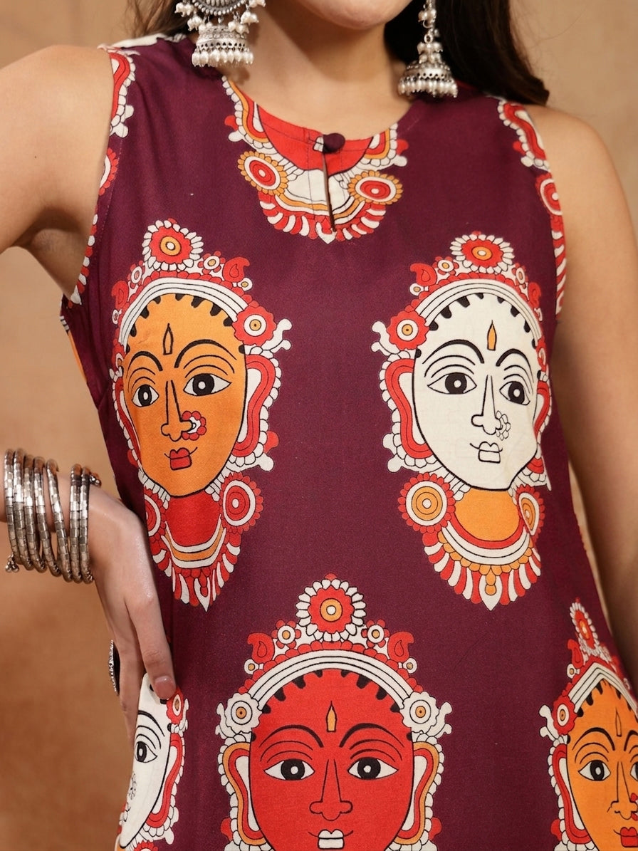 Women's Wine Kalamkari Face Printed Rayon A-Line Kurta Palazzo Set
