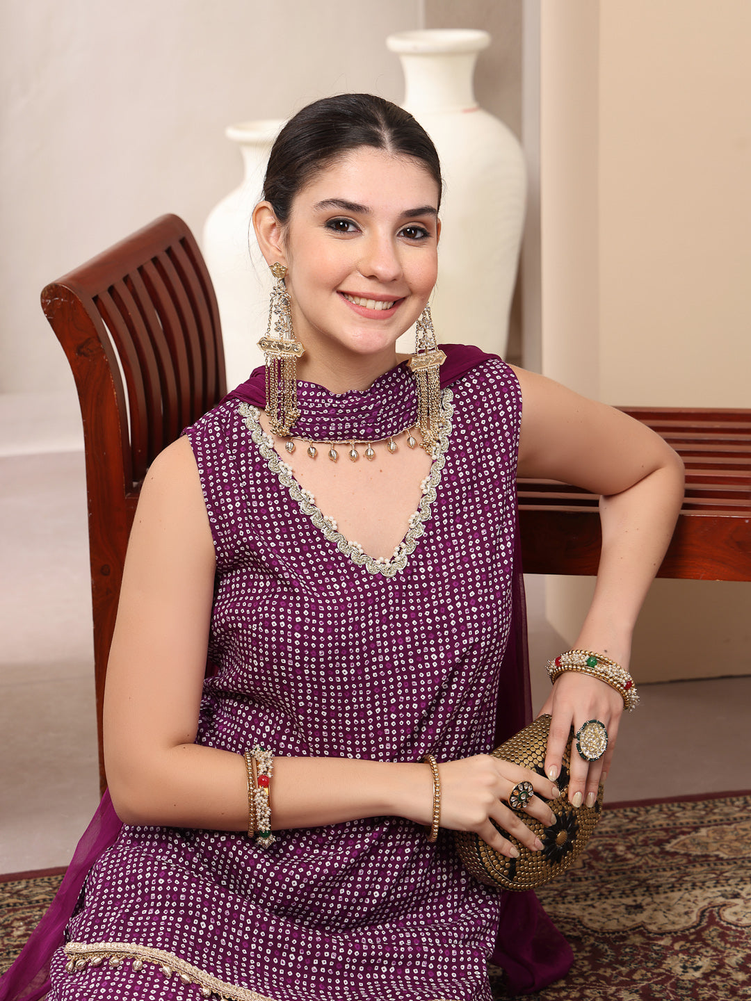 Women's Violet Bandhej Printed Rayon Asymmetric Short Kurti Sharara Dupatta Set