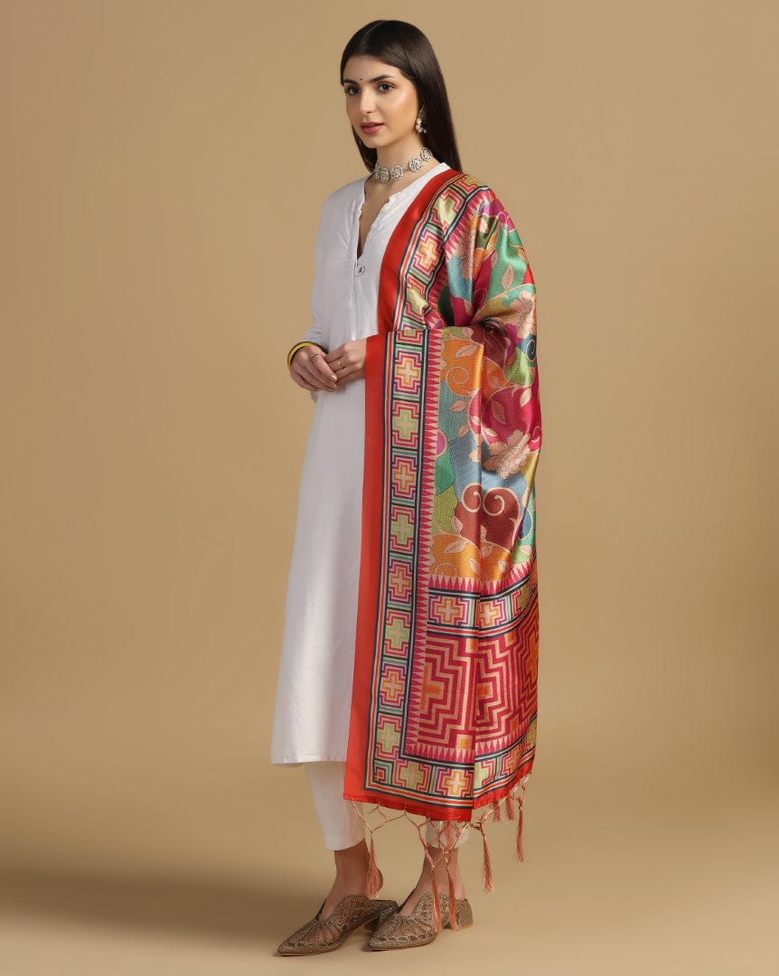 Women's Multi Color Assam Silk Digital Ethnic Motif Print Dupatta