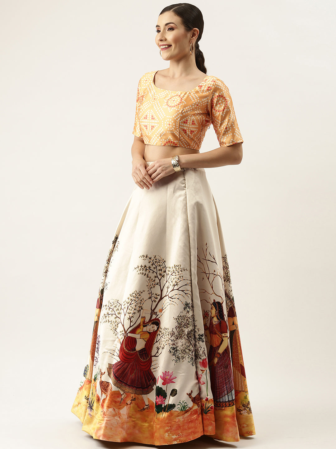 Women's Ethnic Motifs Digital Print Shiney Satin Croptop Lehenga Choli With Unstitched Blouse