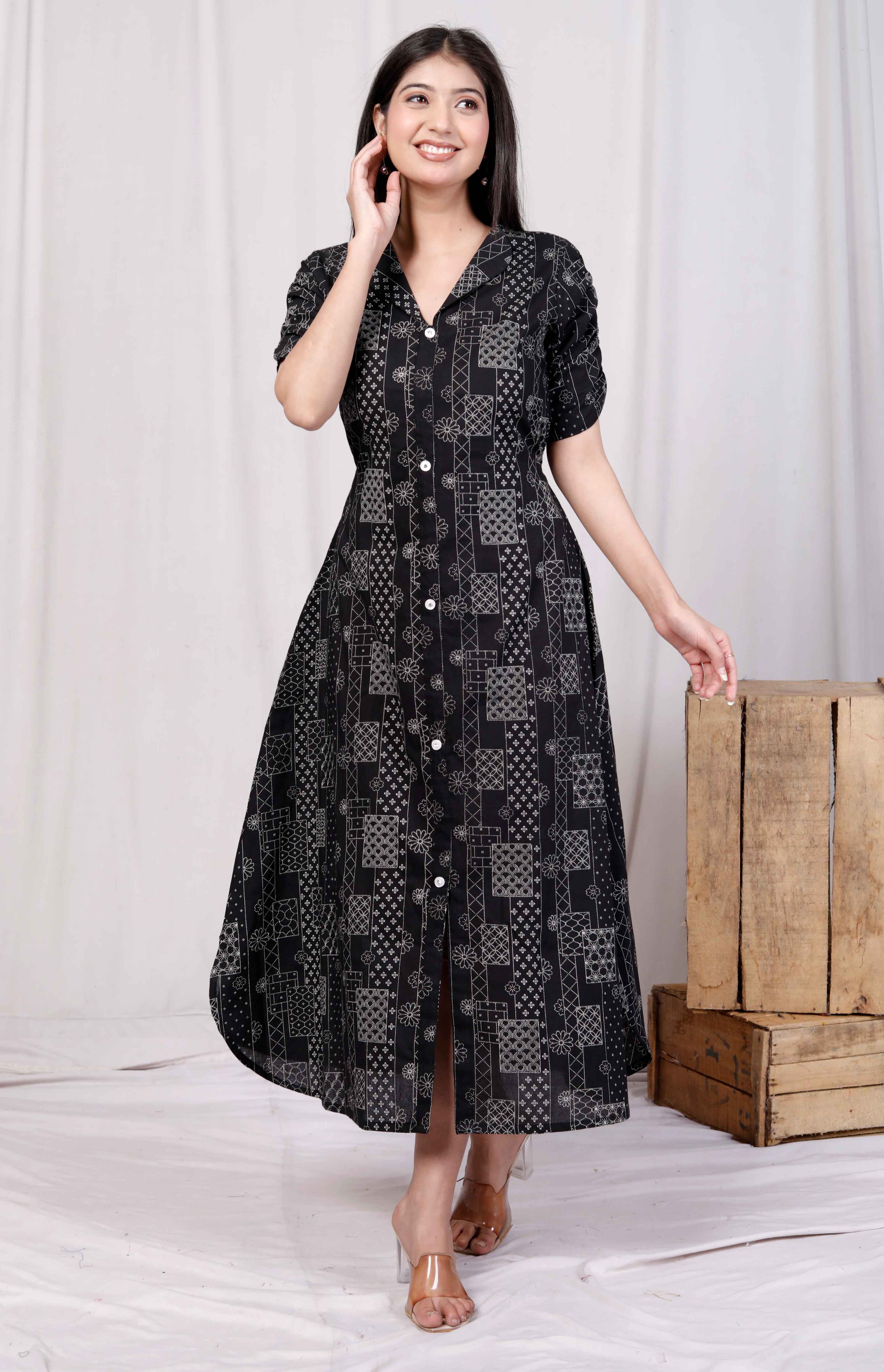 Women's Cotton Black Floral Printed Front Button A-Line Midi Dress Black / S