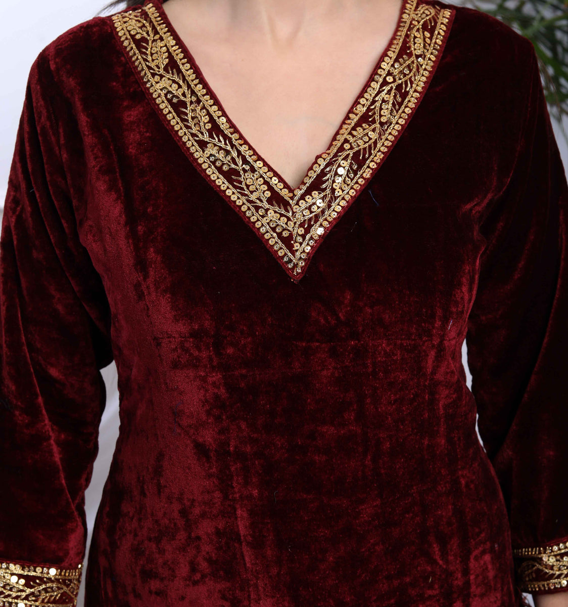 Women Maroon Velvet Embroidered Short Kurta With Palazzo